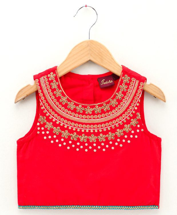 Twisha Girls Embroidered top with printed Dhoti-Red And Yellow
