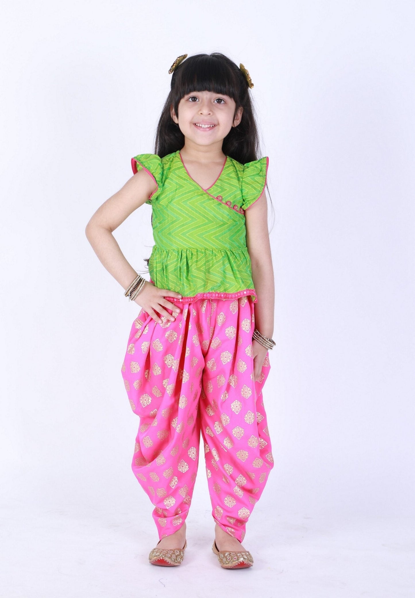 Twisha Girls Chevron Design Top With Printed Dhoti- Green And Pink
