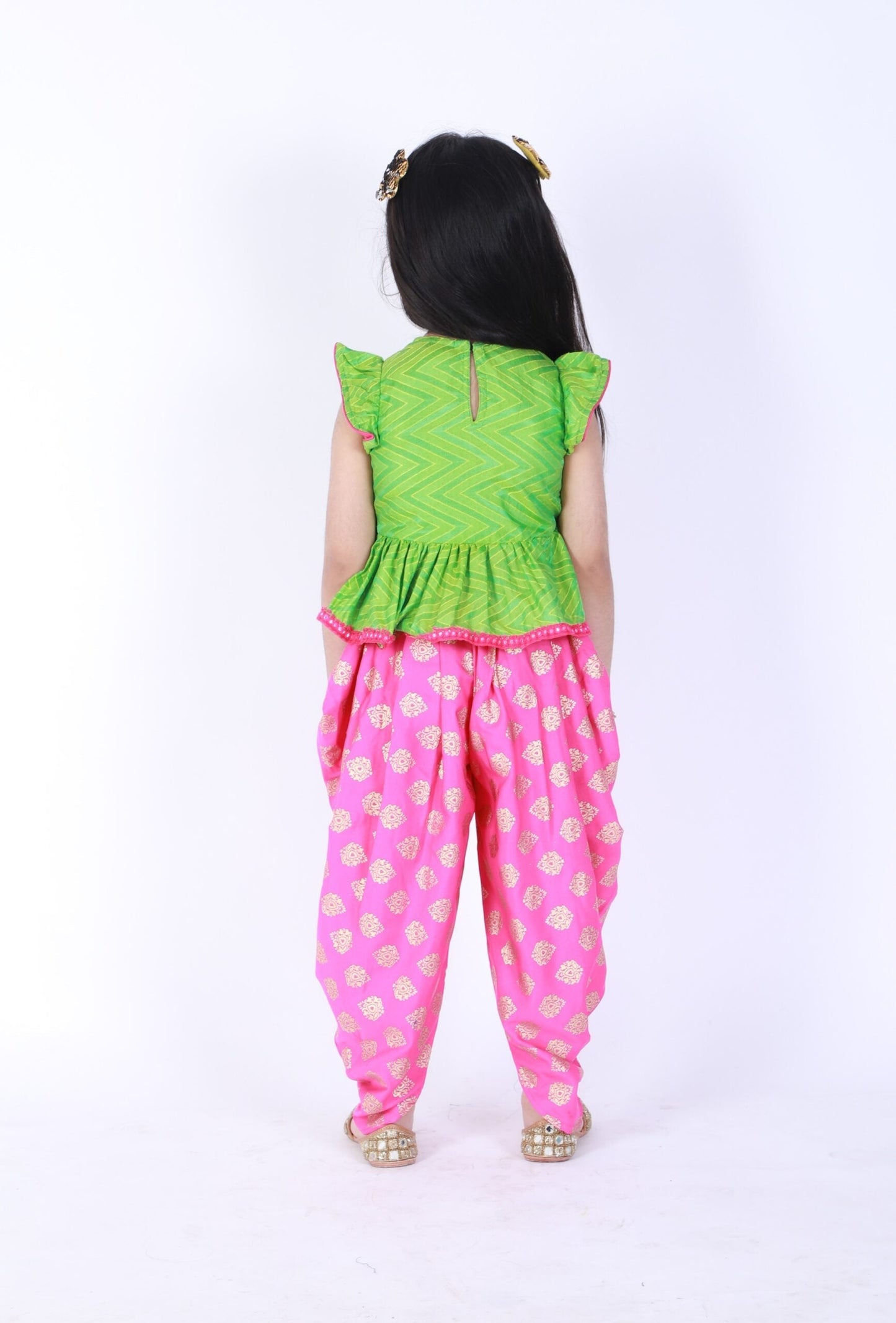 Twisha Girls Chevron Design Top With Printed Dhoti- Green And Pink
