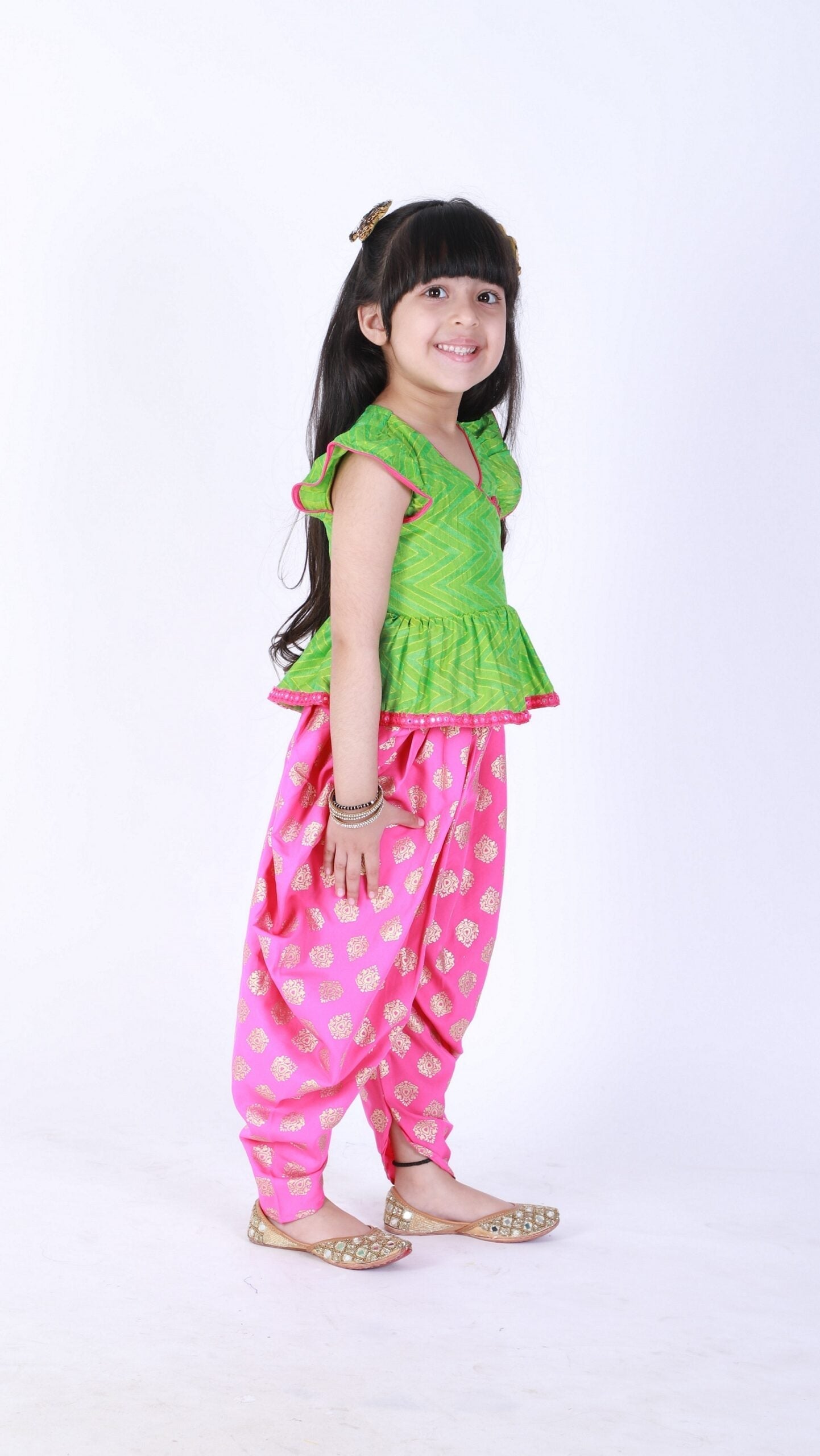 Twisha Girls Chevron Design Top With Printed Dhoti- Green And Pink