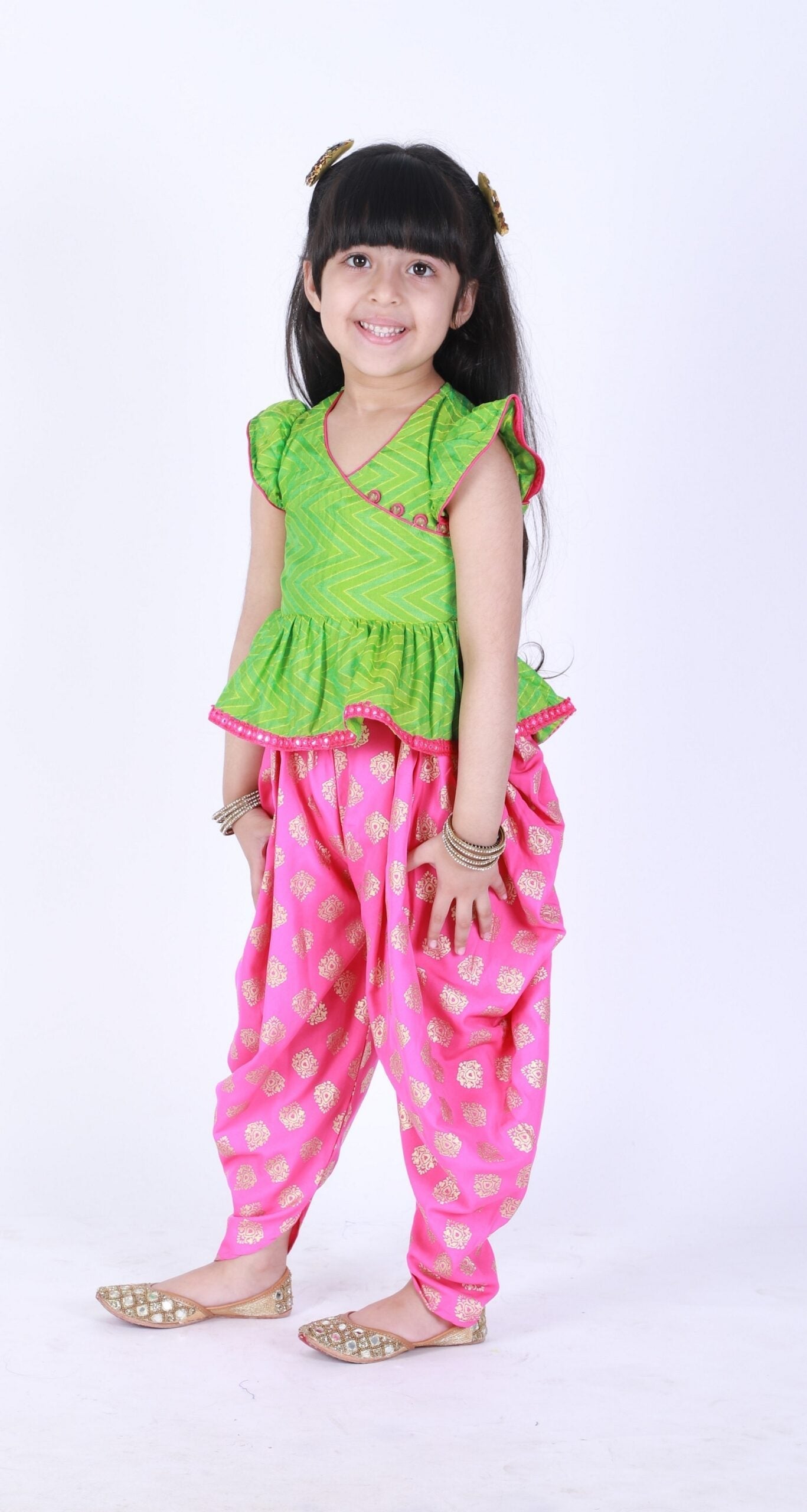Twisha Girls Chevron Design Top With Printed Dhoti- Green And Pink