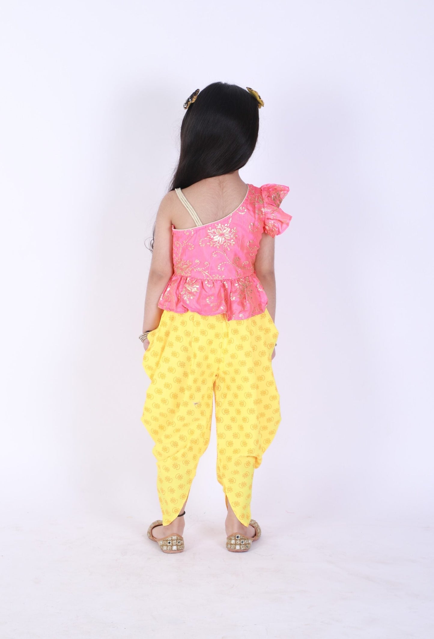 Twisha Girls Asymmetric Neck Top With Printed Dhoti- Coral And Yellow