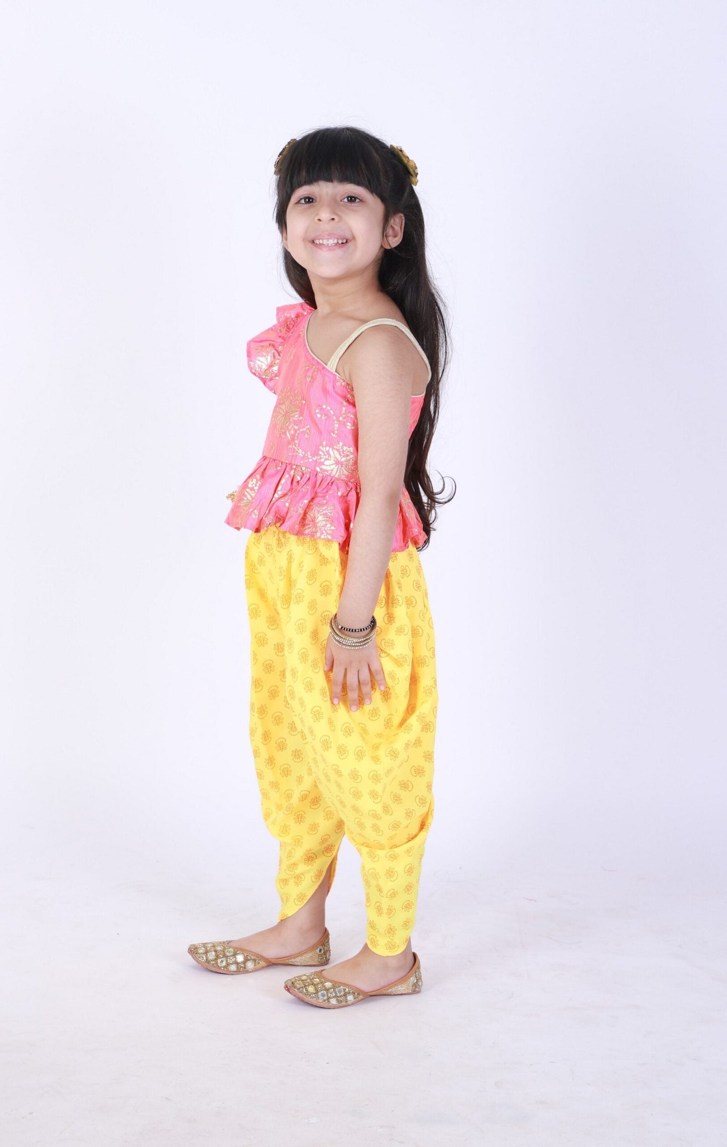 Twisha Girls Asymmetric Neck Top With Printed Dhoti- Coral And Yellow