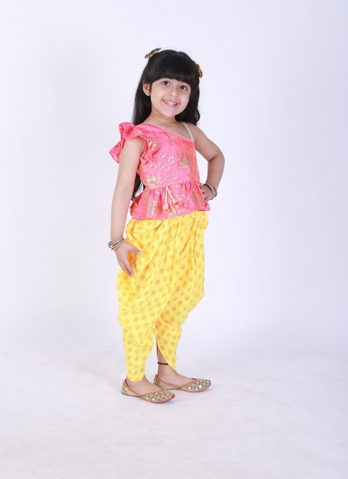 Twisha Girls Asymmetric Neck Top With Printed Dhoti- Coral And Yellow