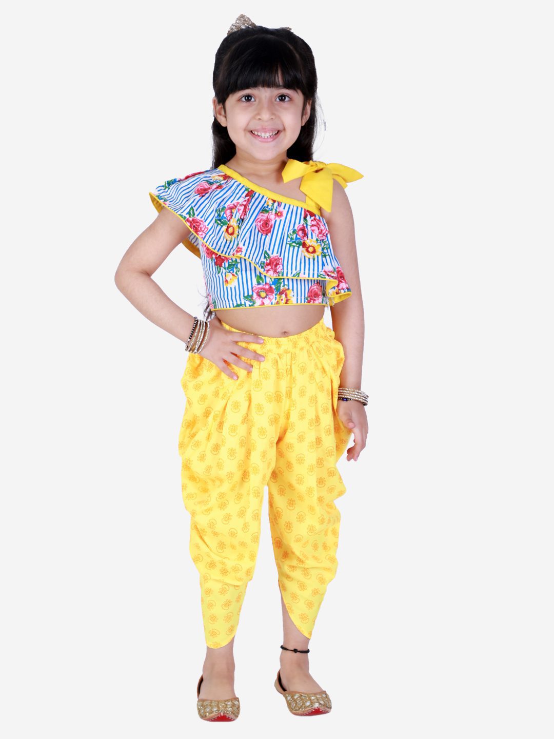 Twisha Girls Printed One Shoulder Top With Printed Dhoti - White & Yellow