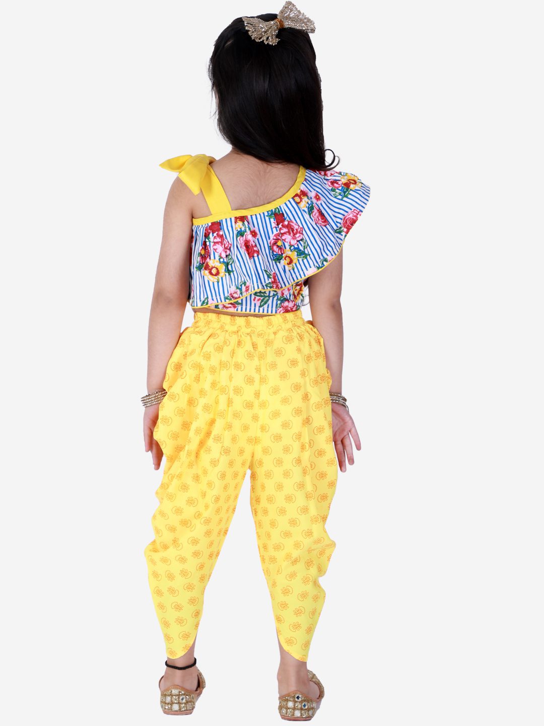 Twisha Girls Printed One Shoulder Top With Printed Dhoti - White & Yellow