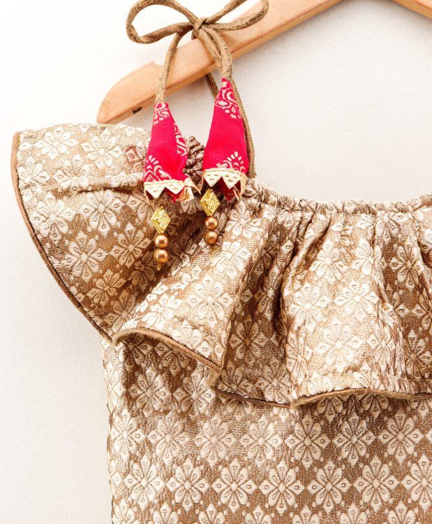 Twisha Girls Frill Top With Dhoti and Tie Up tassles- Beige & Red