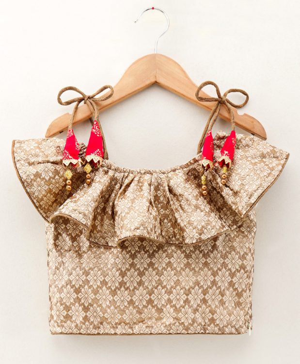 Twisha Girls Frill Top With Dhoti and Tie Up tassles- Beige & Red
