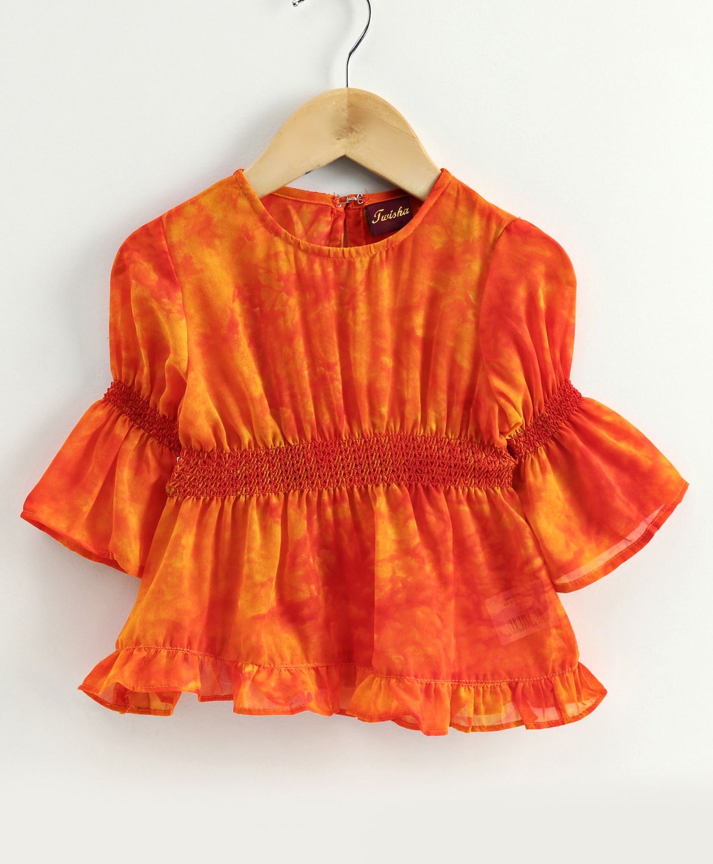 Twisha Girls Tie & Dye Georgette Top With Dhoti Pants - Orange & Yellow