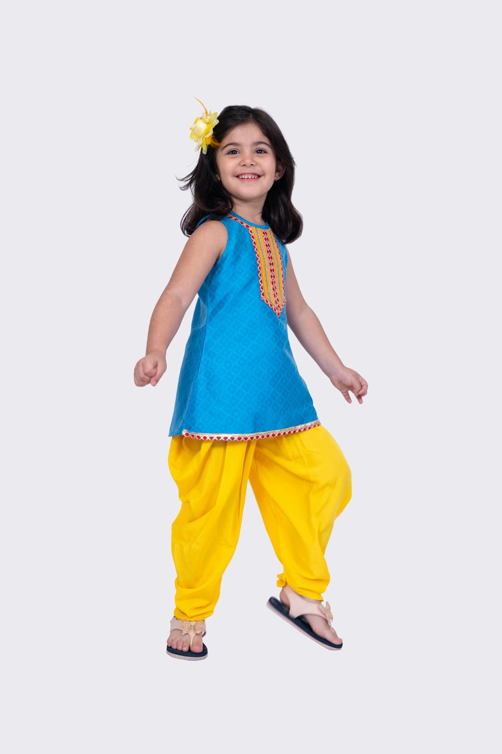 Twisha Girl's Sleeveless Aline Polyester Kurta and Dhoti- Sky Blue & Yellow