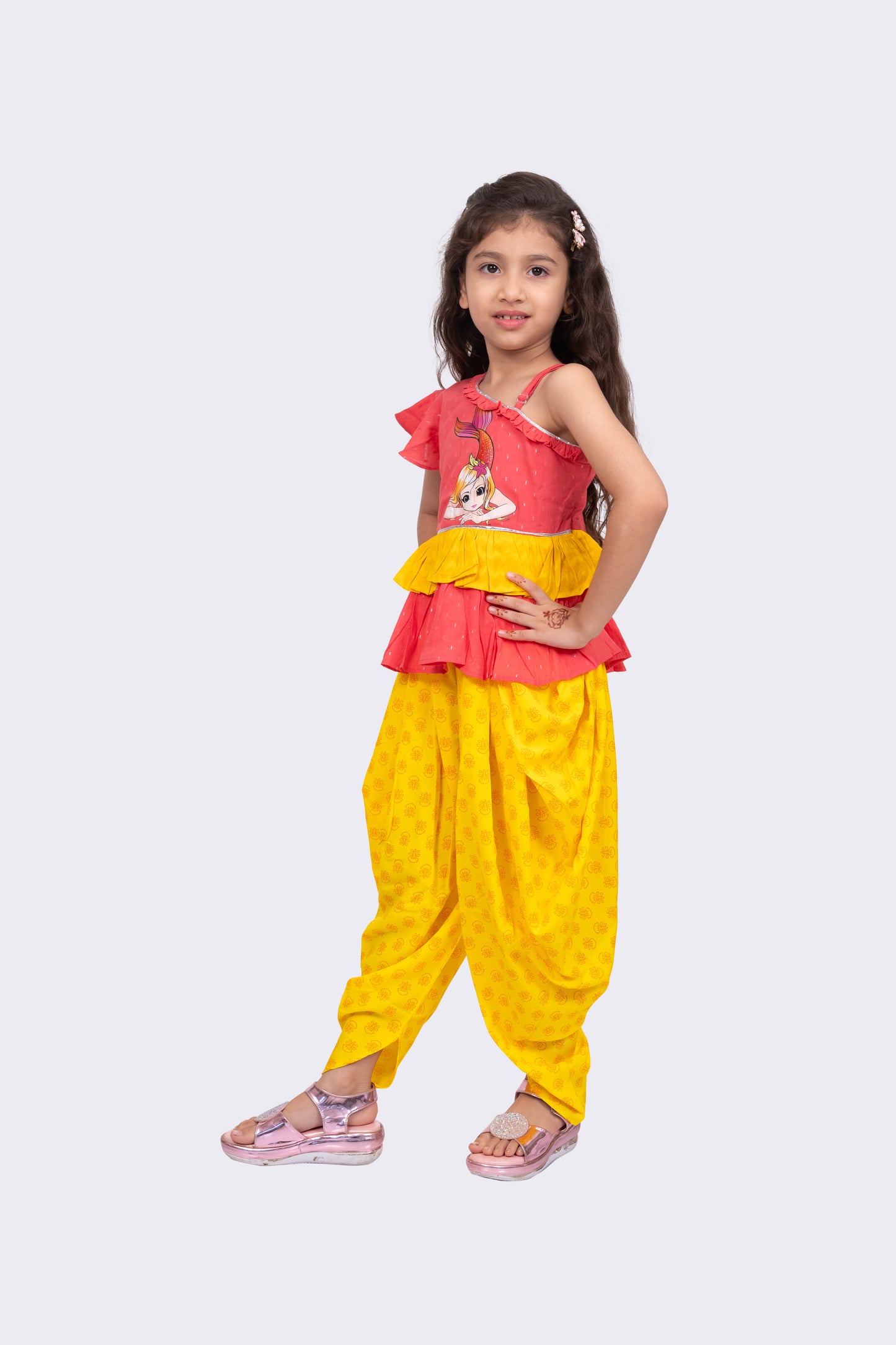 Twisha Girls Sleeveless Cotton Printed One Shoulder Top With Dhoti-Coral & Yellow