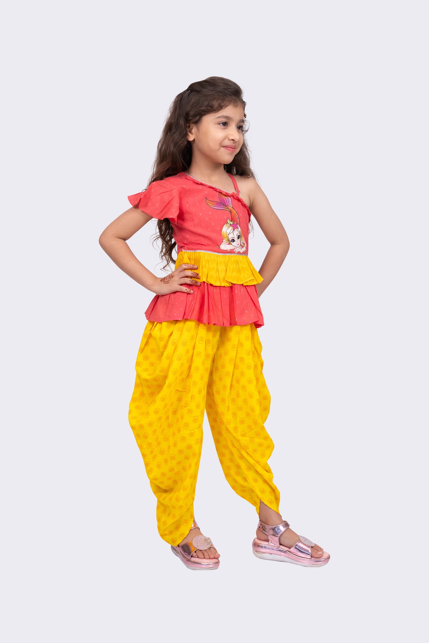Twisha Girls Sleeveless Cotton Printed One Shoulder Top With Dhoti-Coral & Yellow