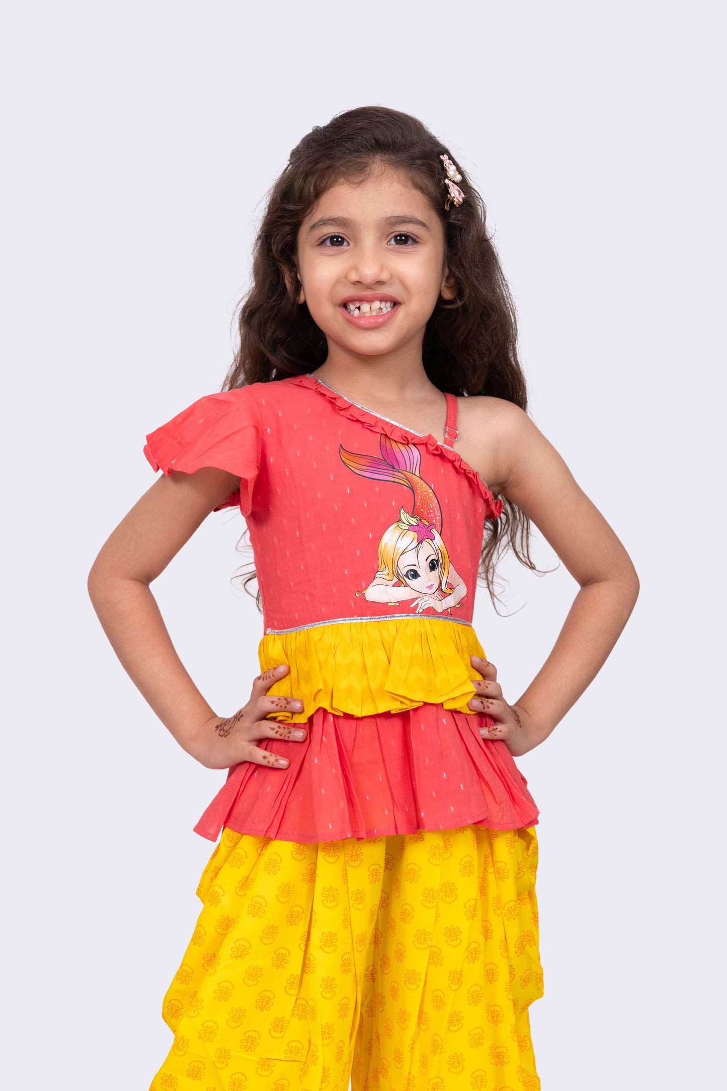 Twisha Girls Sleeveless Cotton Printed One Shoulder Top With Dhoti-Coral & Yellow