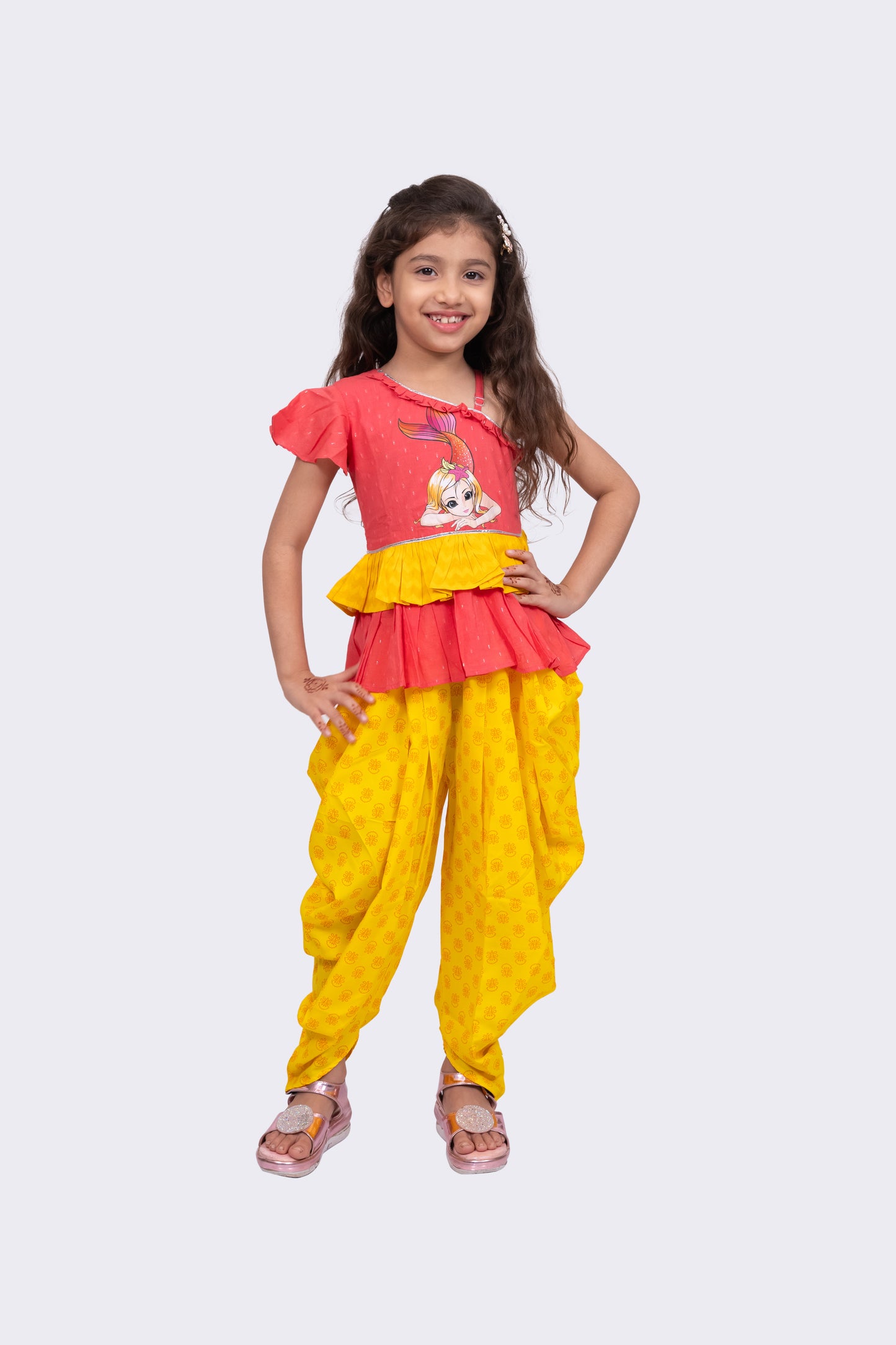 Twisha Girls Sleeveless Cotton Printed One Shoulder Top With Dhoti-Coral & Yellow