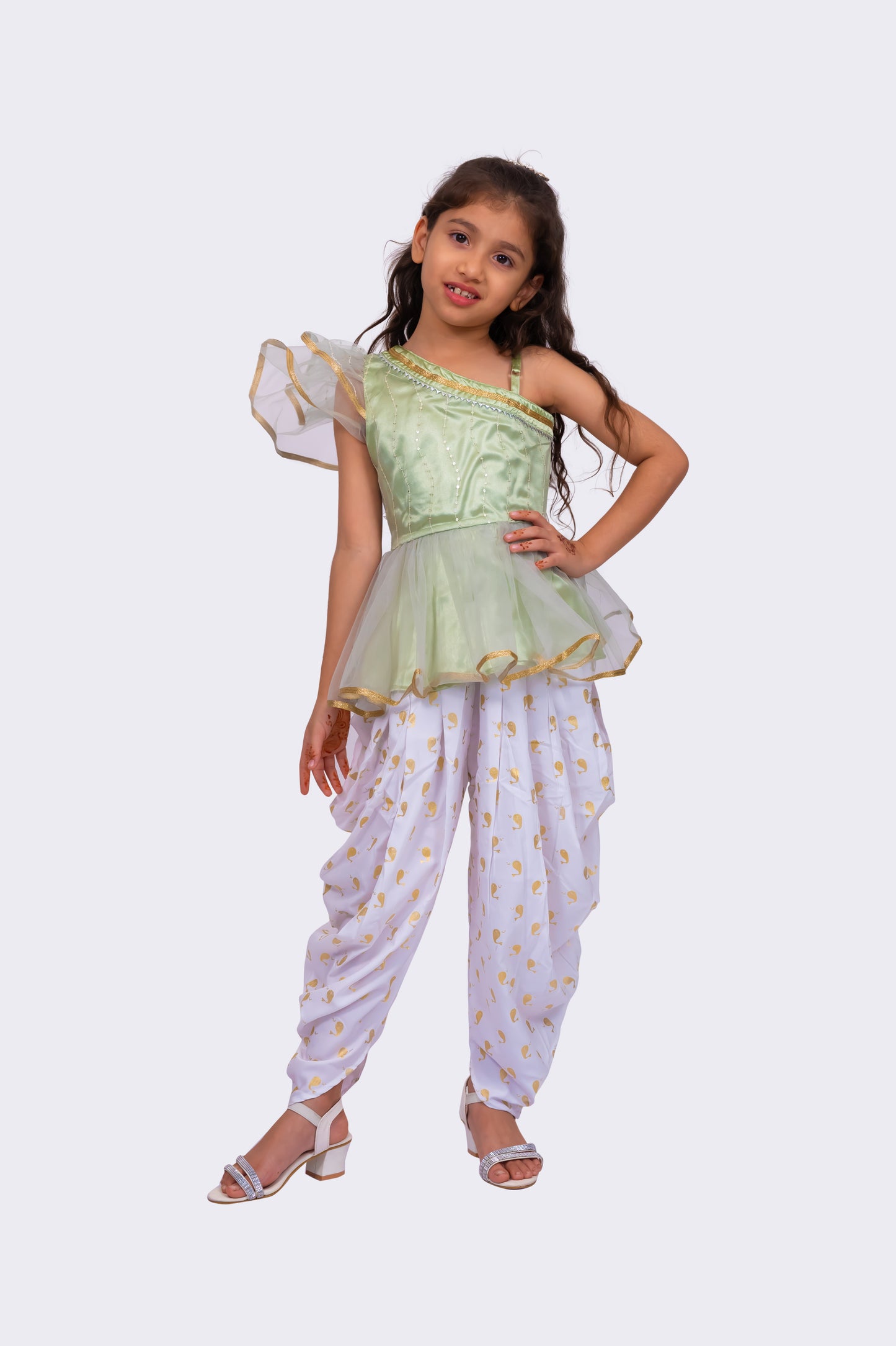 Twisha Girls Sleeveless Polyester One Shoulder Embellished Top With Dhoti - Olive Green & White