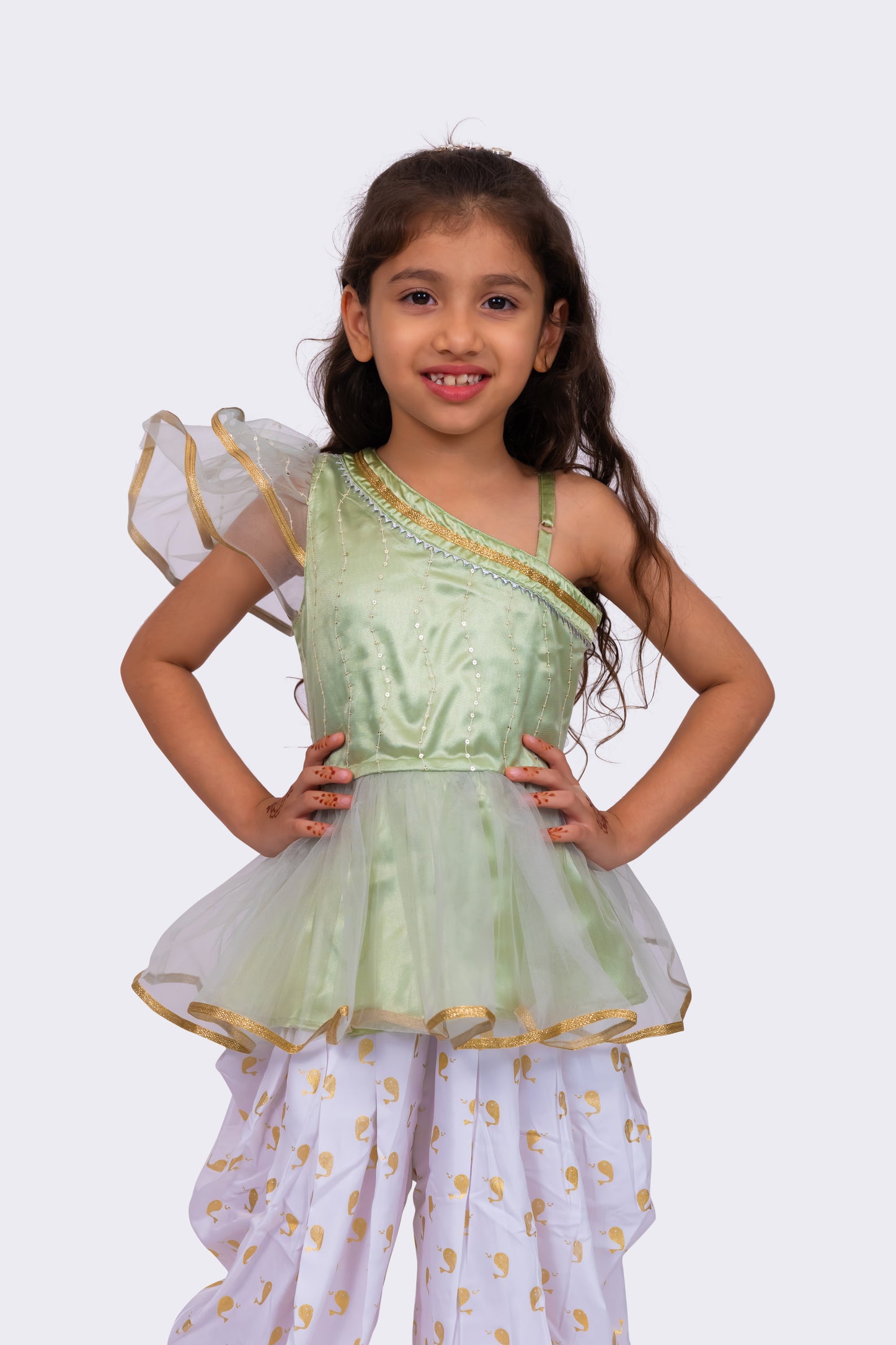 Twisha Girls Sleeveless Polyester One Shoulder Embellished Top With Dhoti - Olive Green & White