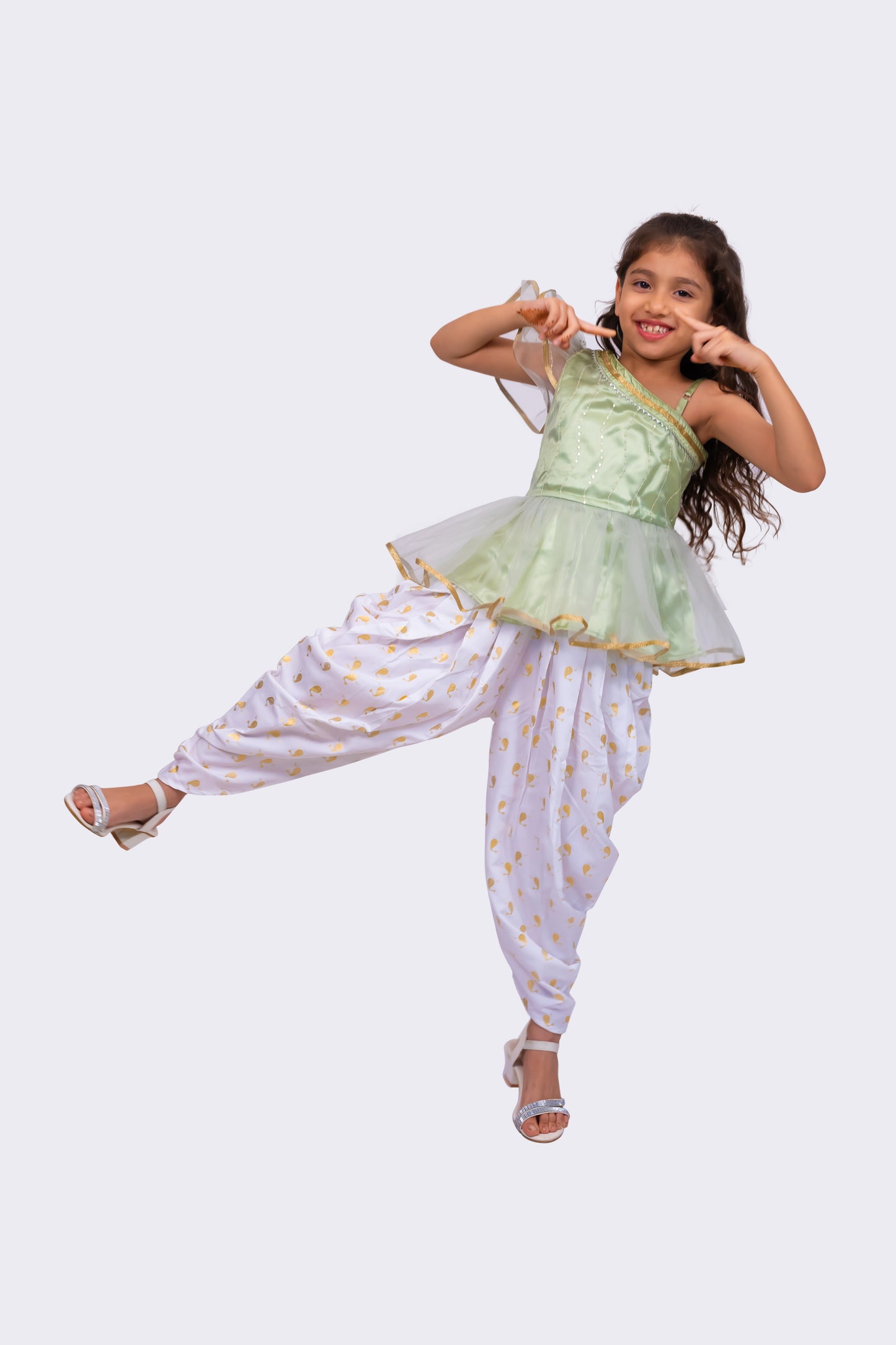 Twisha Girls Sleeveless Polyester One Shoulder Embellished Top With Dhoti - Olive Green & White