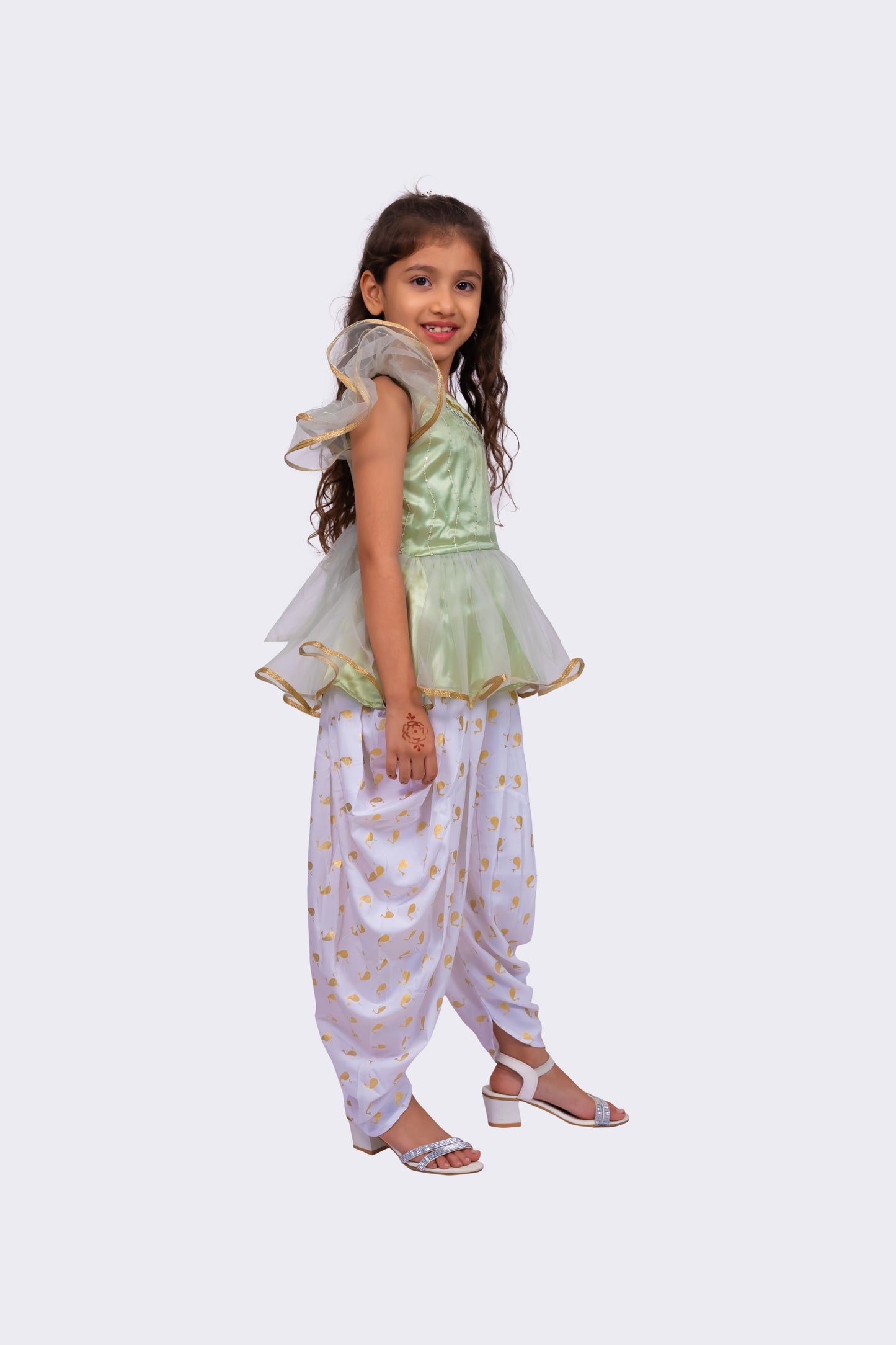 Twisha Girls Sleeveless Polyester One Shoulder Embellished Top With Dhoti - Olive Green & White