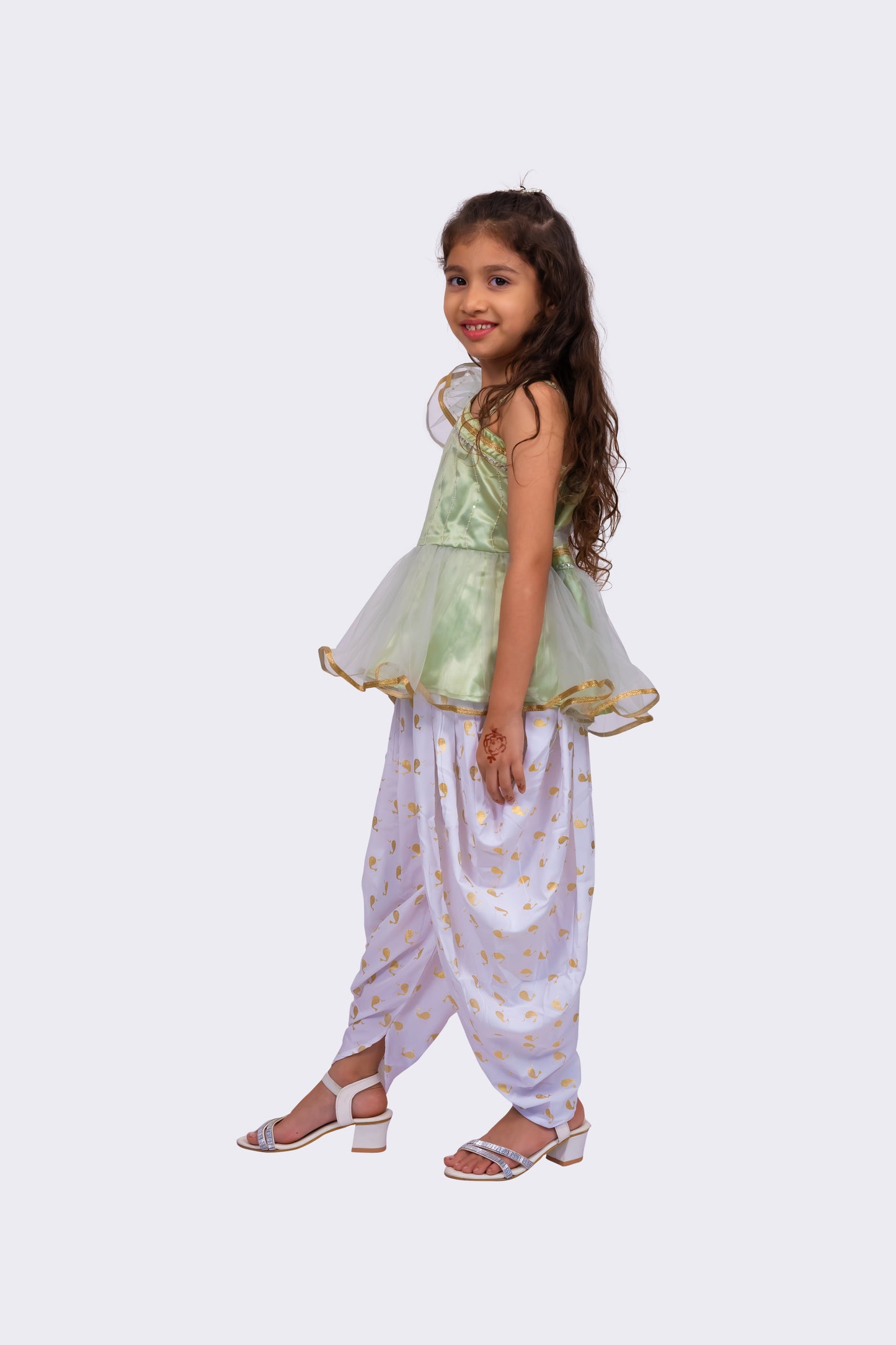 Twisha Girls Sleeveless Polyester One Shoulder Embellished Top With Dhoti - Olive Green & White