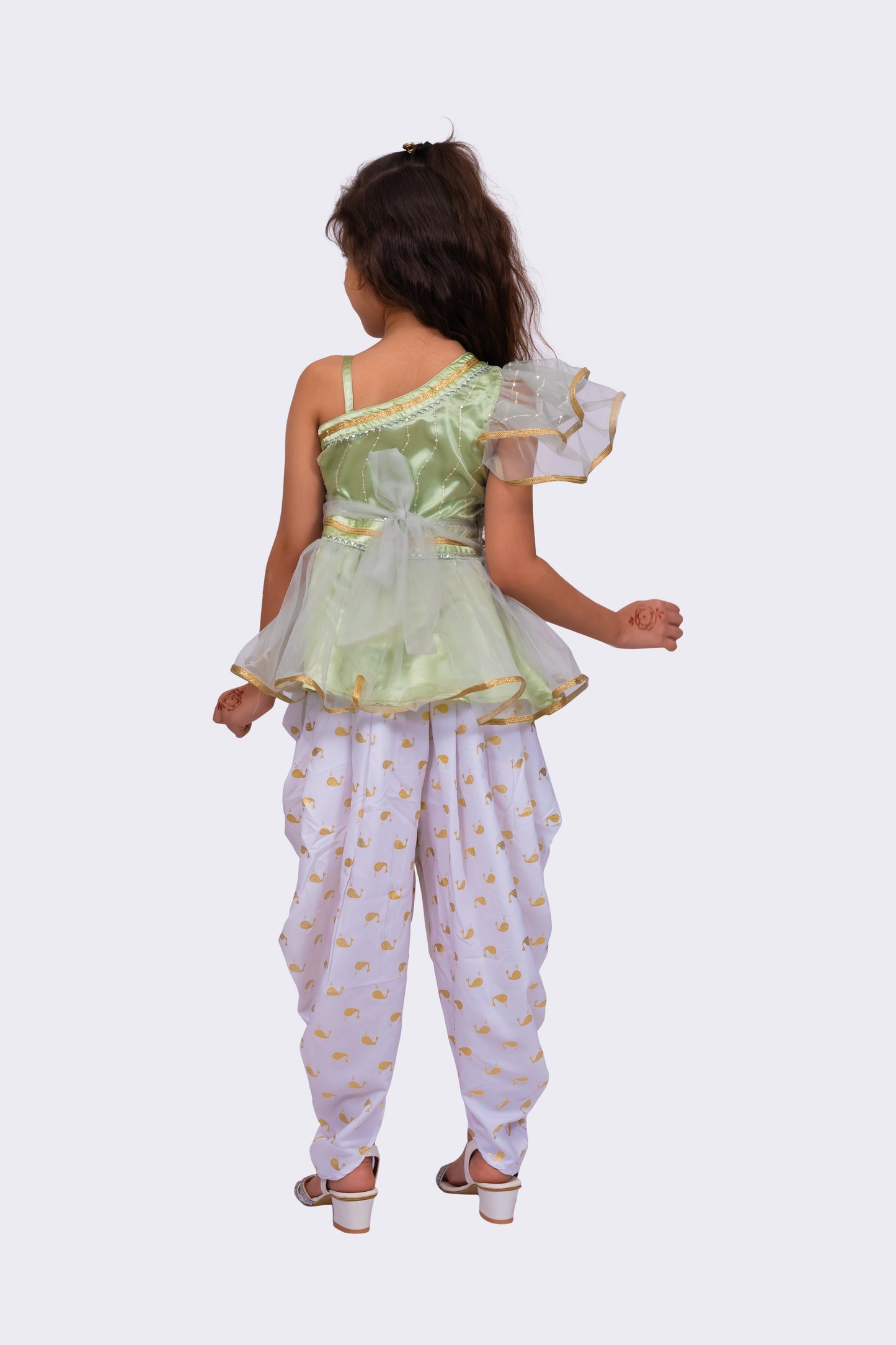 Twisha Girls Sleeveless Polyester One Shoulder Embellished Top With Dhoti - Olive Green & White
