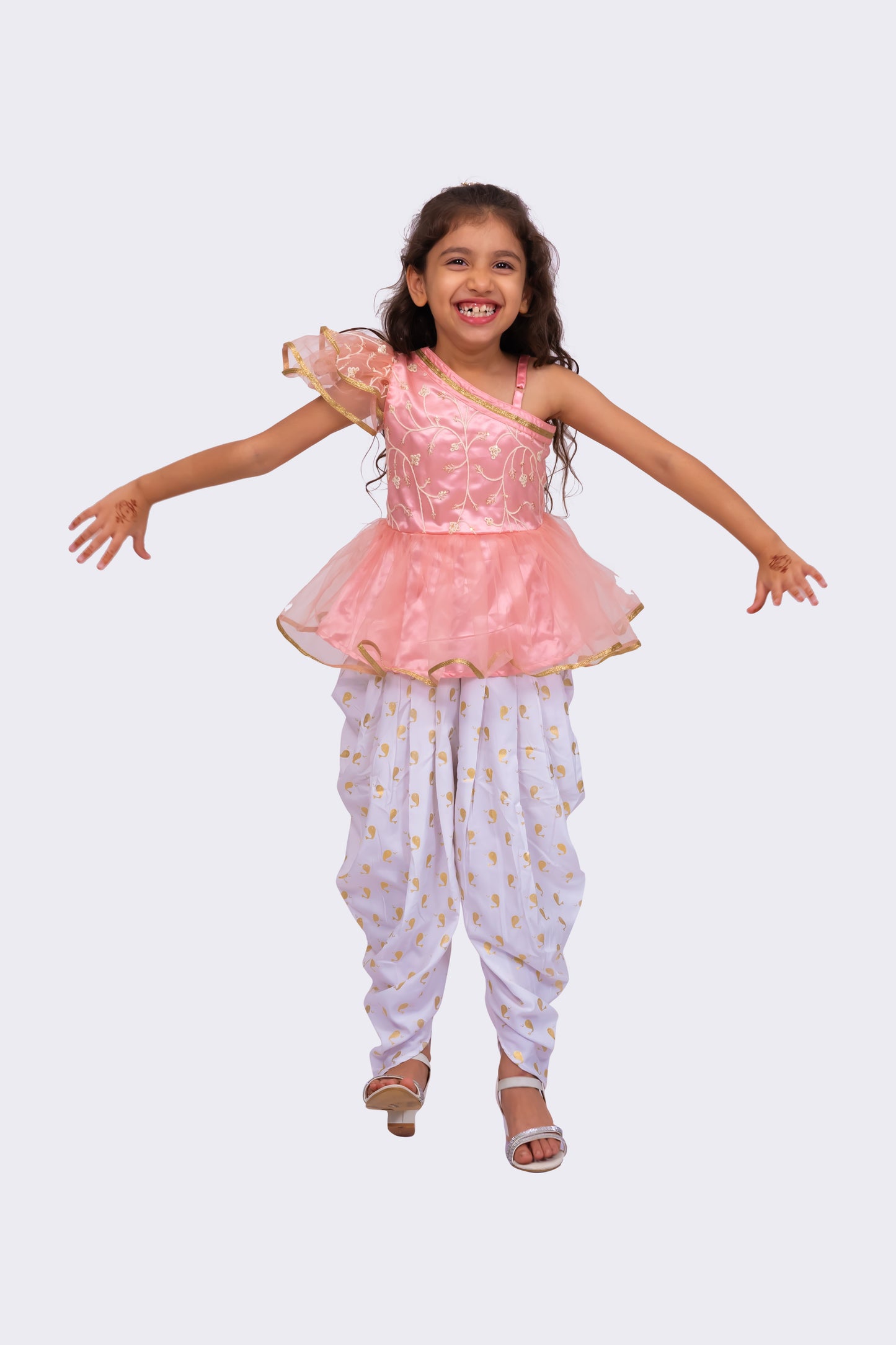Twisha Girls Sleeveless Polyester One Shoulder Embellished Top With Dhoti - Peach & White