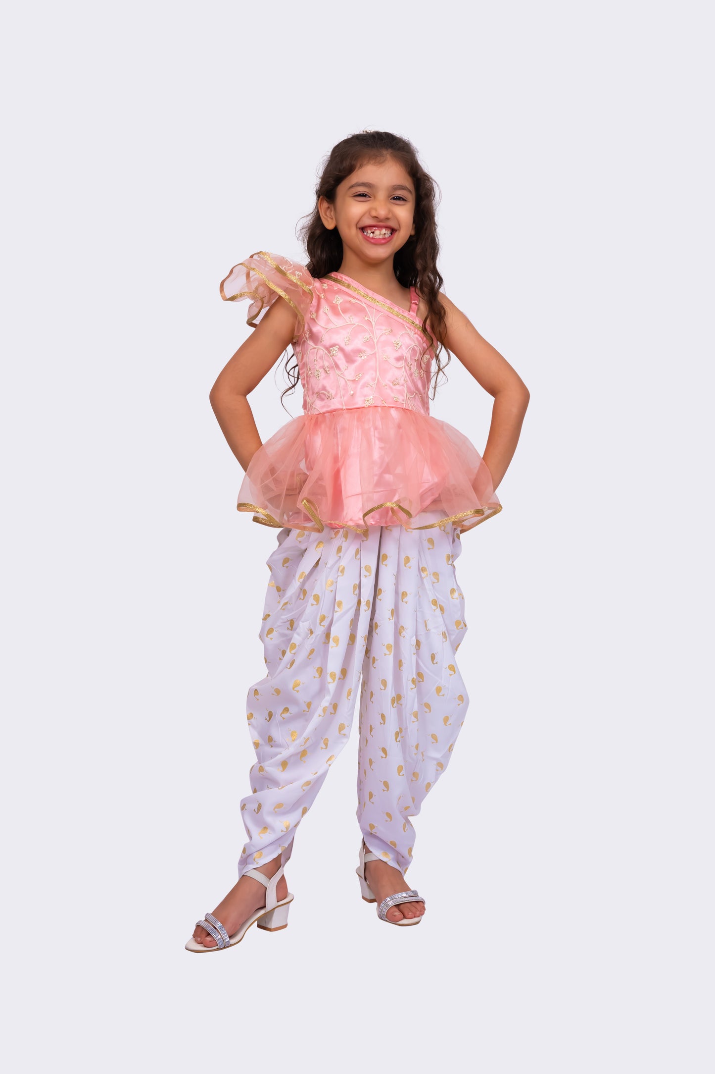 Twisha Girls Sleeveless Polyester One Shoulder Embellished Top With Dhoti - Peach & White