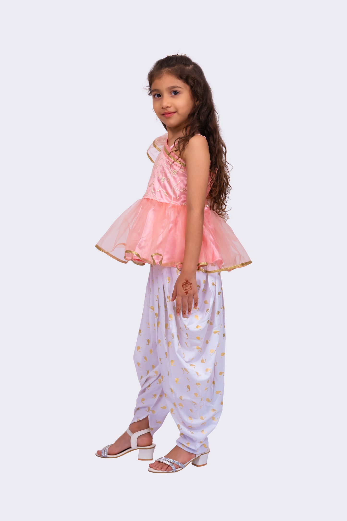 Twisha Girls Sleeveless Polyester One Shoulder Embellished Top With Dhoti - Peach & White