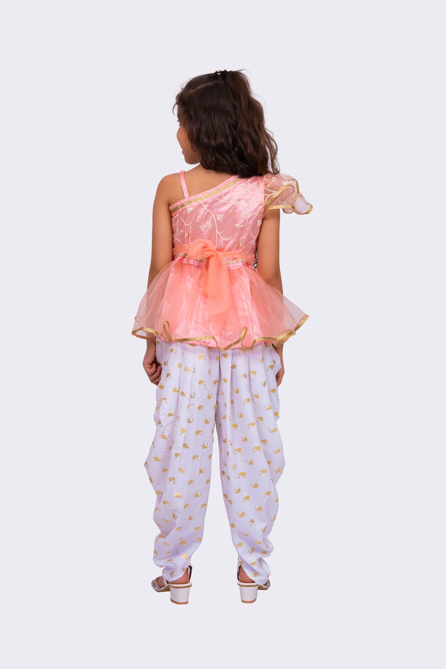 Twisha Girls Sleeveless Polyester One Shoulder Embellished Top With Dhoti - Peach & White