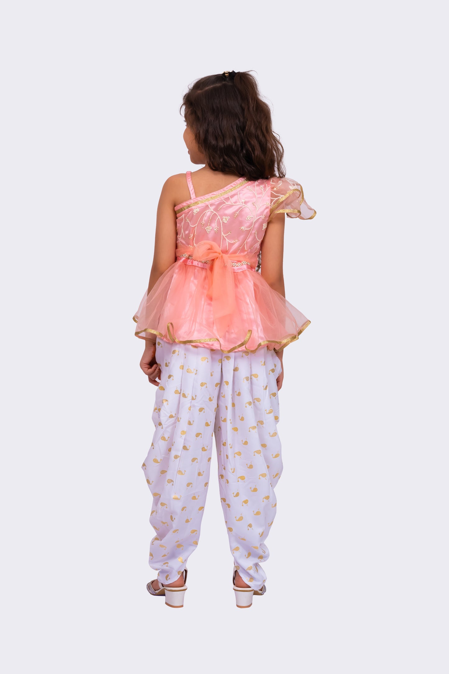 Twisha Girls Sleeveless Polyester One Shoulder Embellished Top With Dhoti - Peach & White