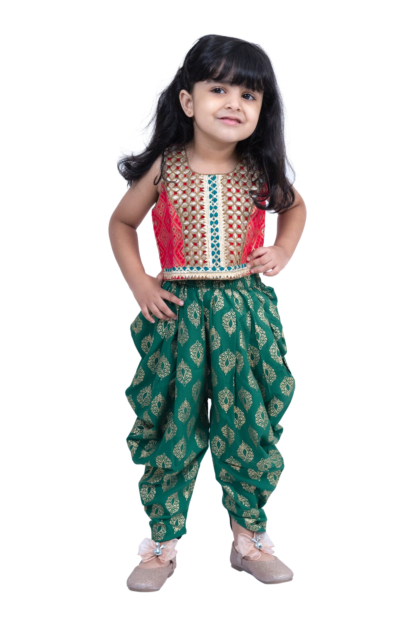 Twisha Brocade Sleeveless Embellished Top with Dhoti - Red & Green