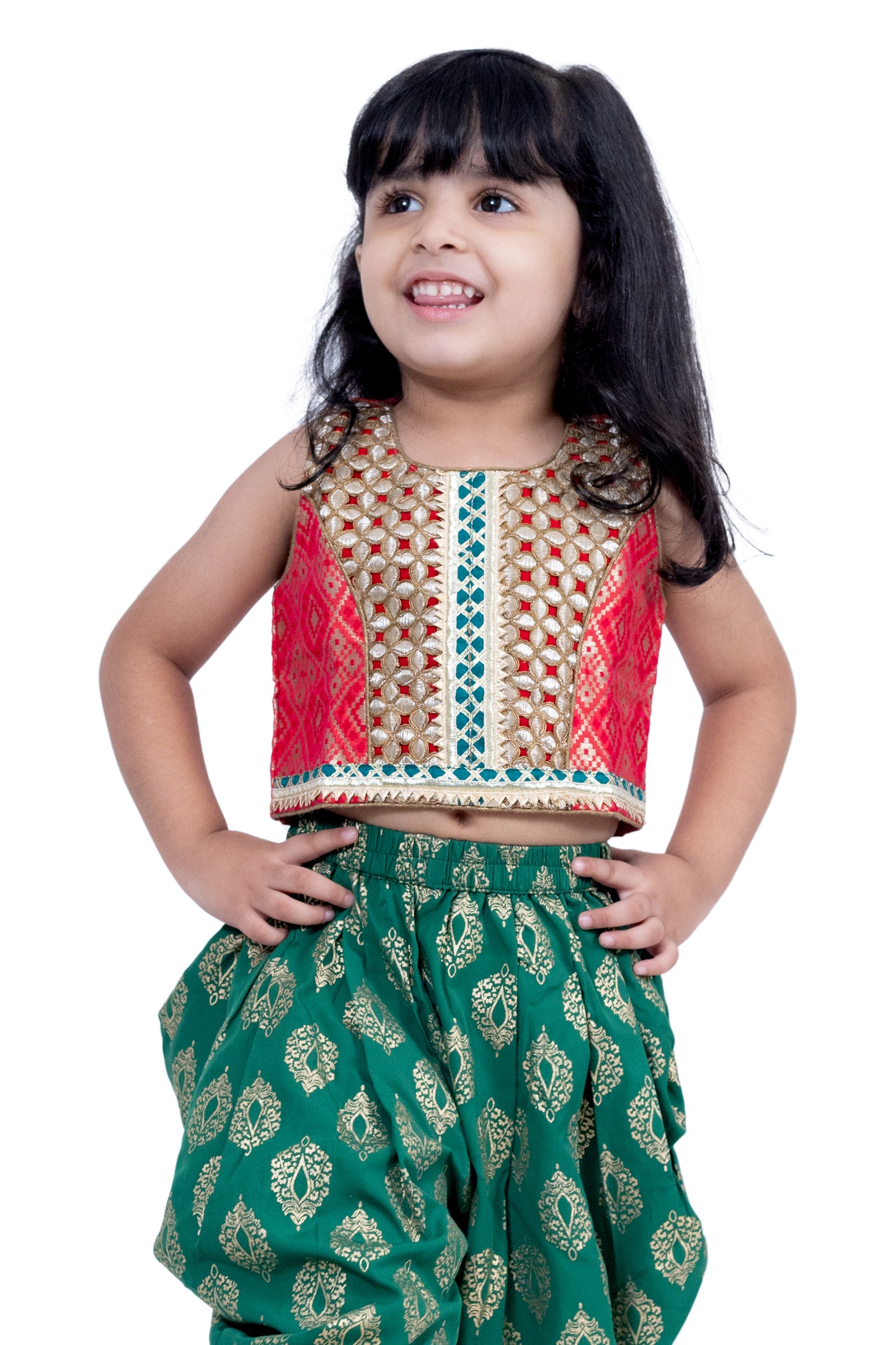 Twisha Brocade Sleeveless Embellished Top with Dhoti - Red & Green