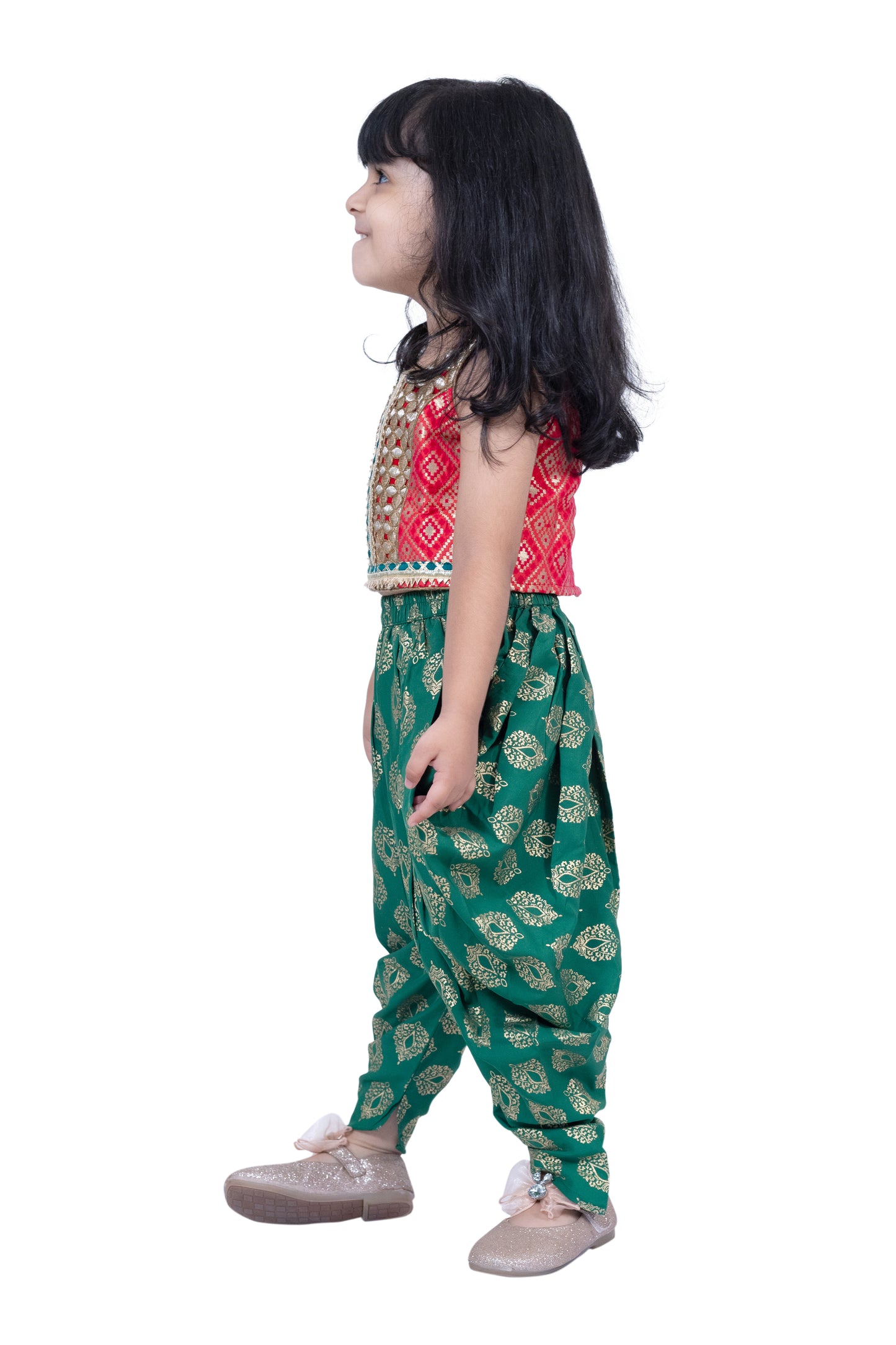 Twisha Brocade Sleeveless Embellished Top with Dhoti - Red & Green