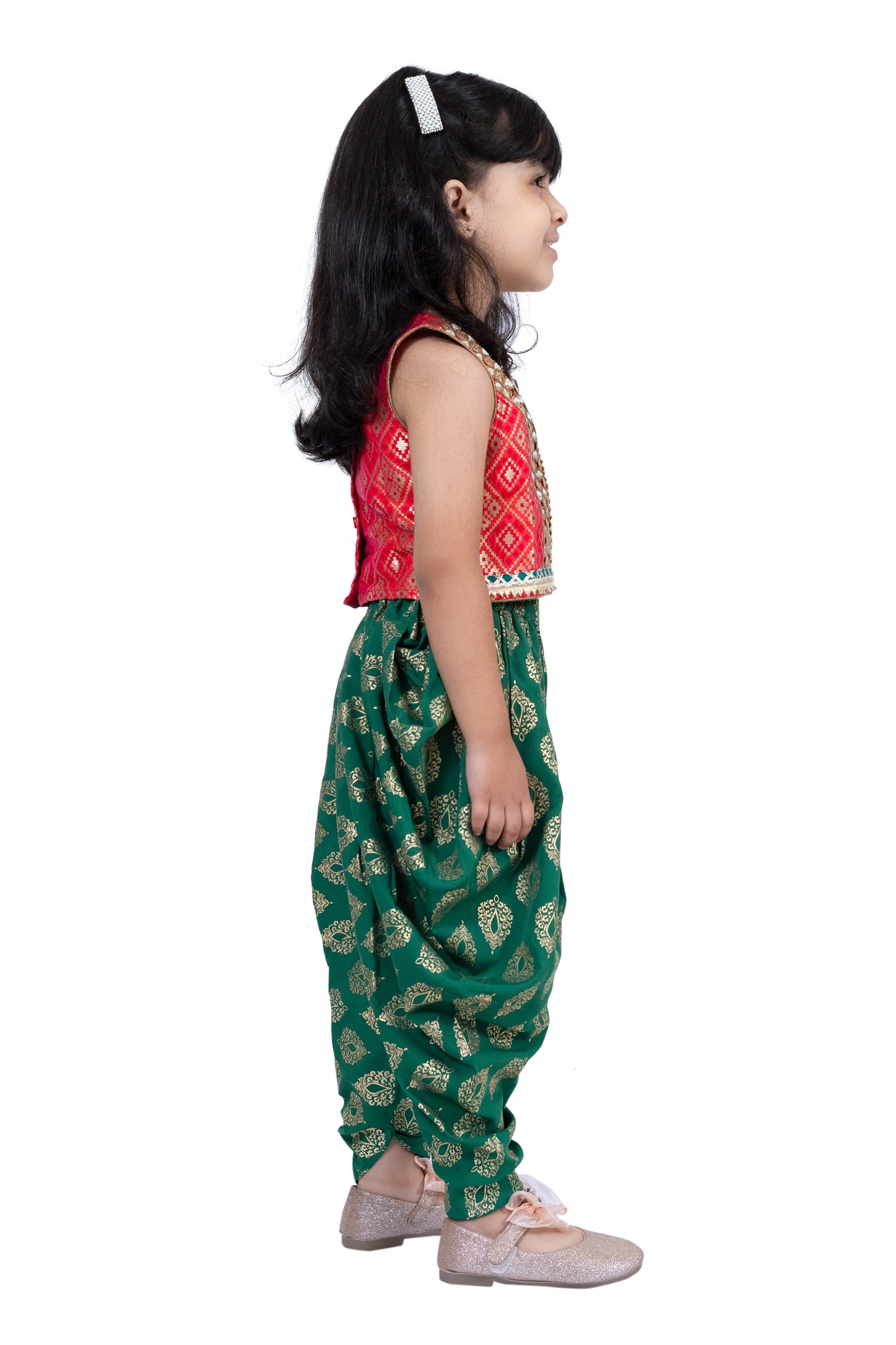 Twisha Brocade Sleeveless Embellished Top with Dhoti - Red & Green
