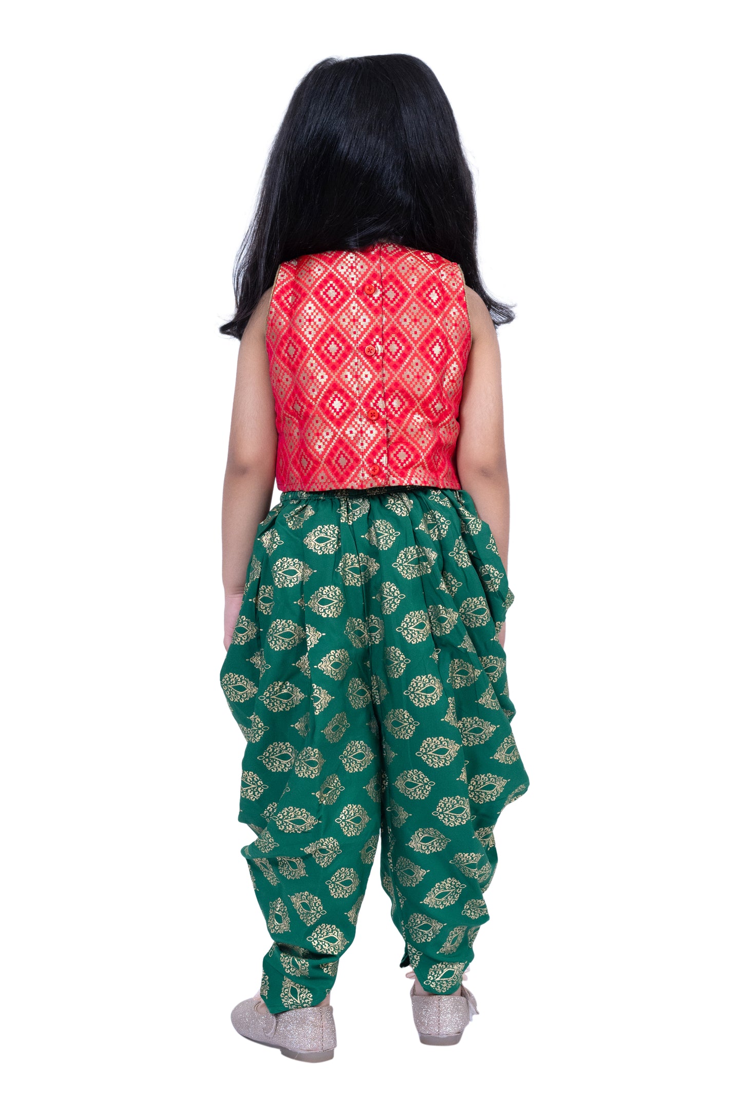 Twisha Brocade Sleeveless Embellished Top with Dhoti - Red & Green