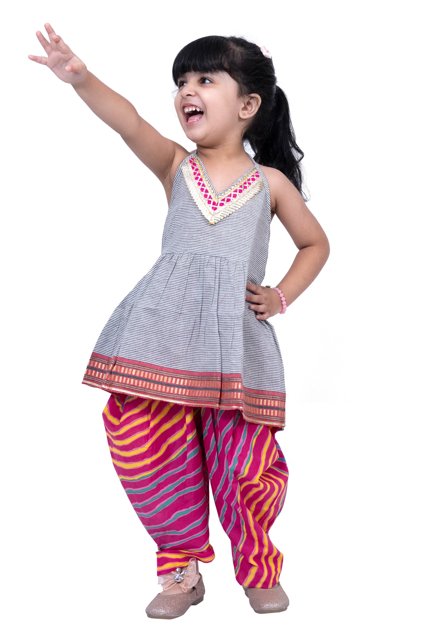 Twisha Cotton Sleeveless Stripe Design Top With Dhoti - Grey & Pink