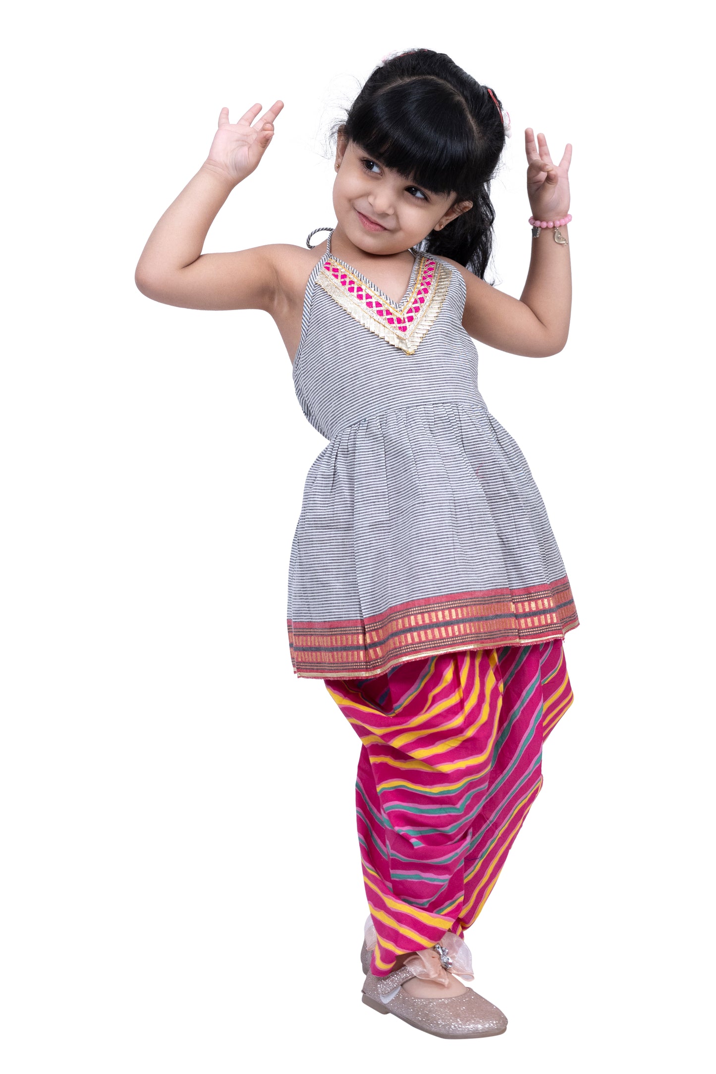 Twisha Cotton Sleeveless Stripe Design Top With Dhoti - Grey & Pink