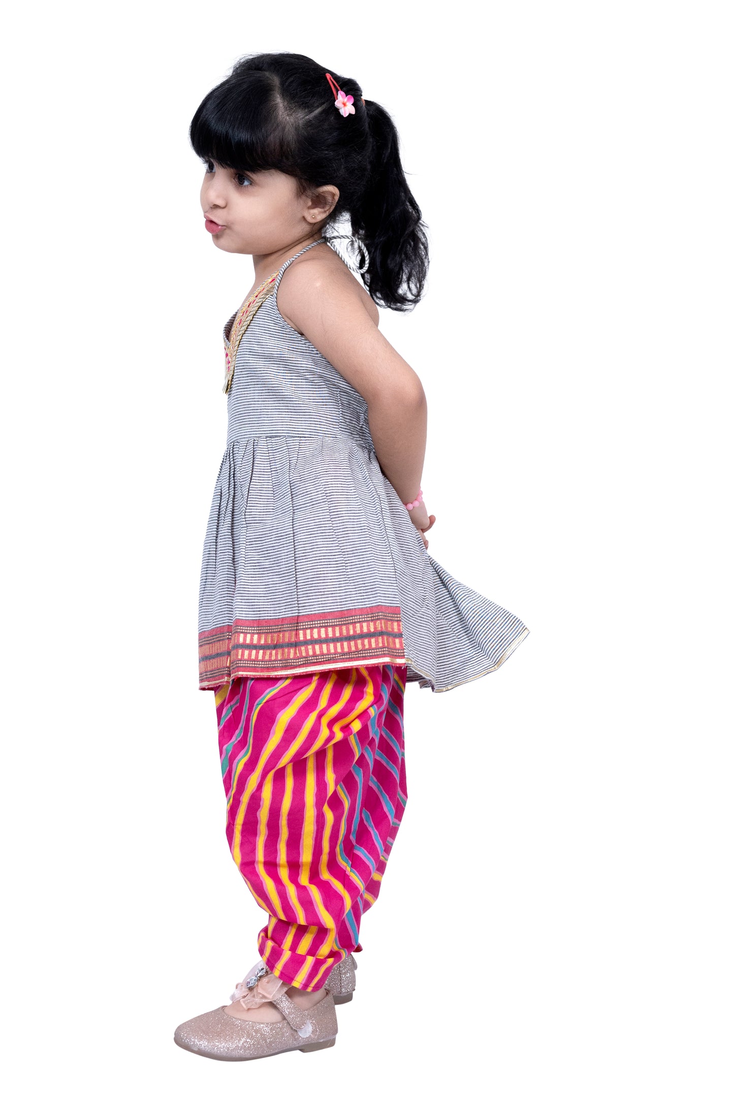 Twisha Cotton Sleeveless Stripe Design Top With Dhoti - Grey & Pink