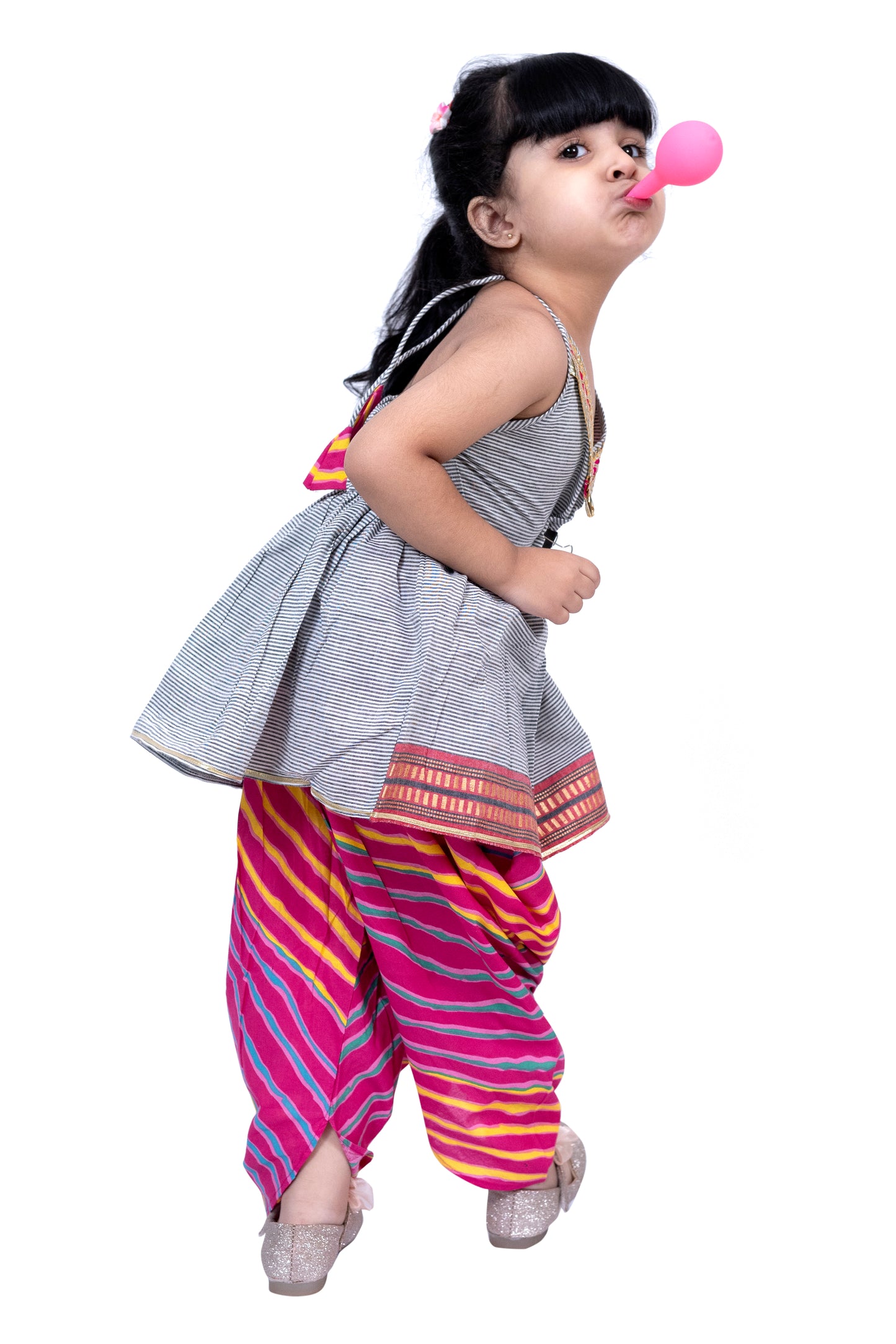 Twisha Cotton Sleeveless Stripe Design Top With Dhoti - Grey & Pink