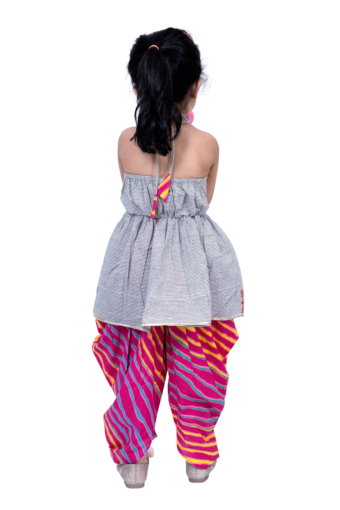 Twisha Cotton Sleeveless Stripe Design Top With Dhoti - Grey & Pink