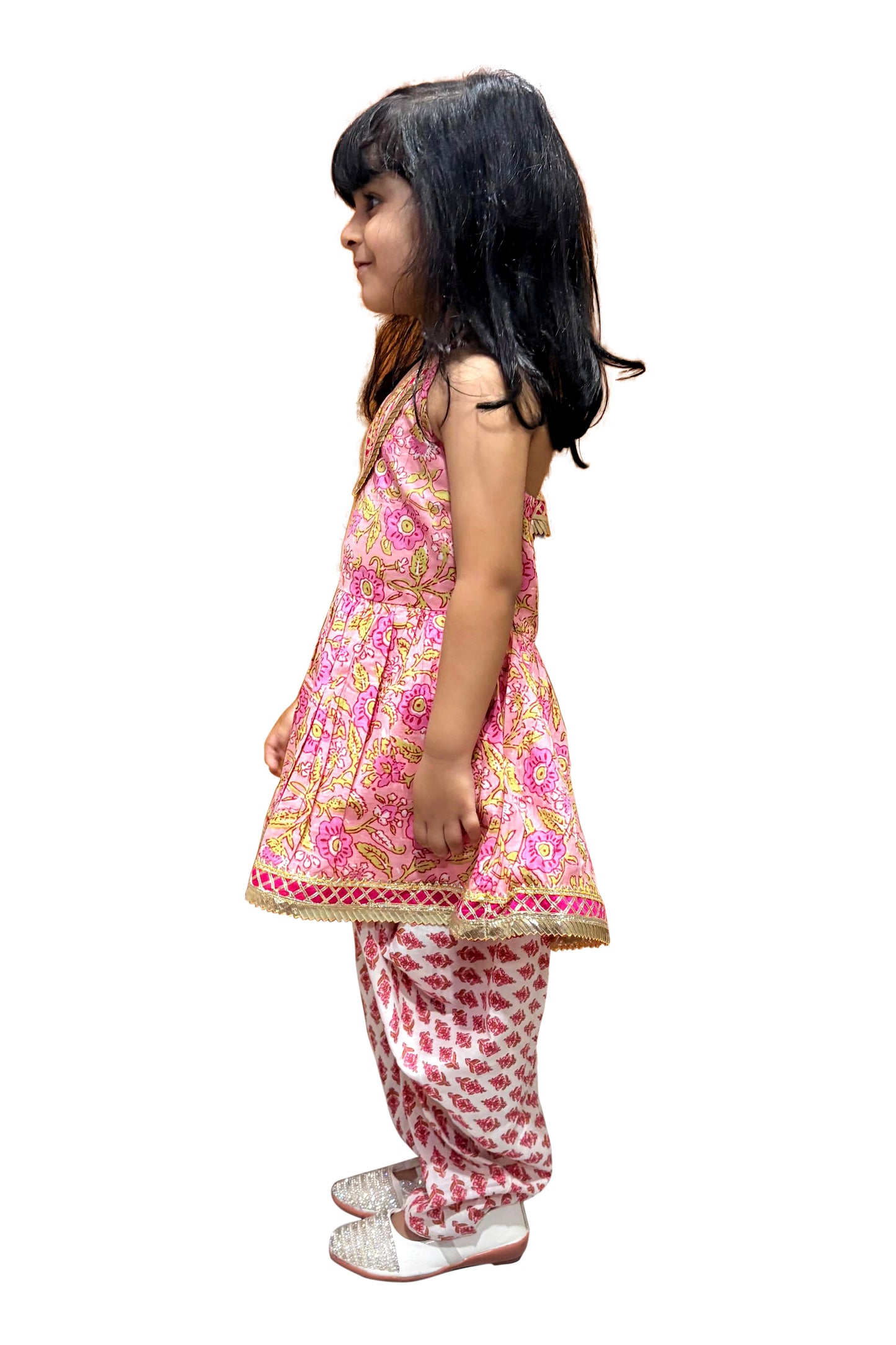 Twisha Cotton Fullsleeves All Over Printed Kurta with Dhoti - Peach & White