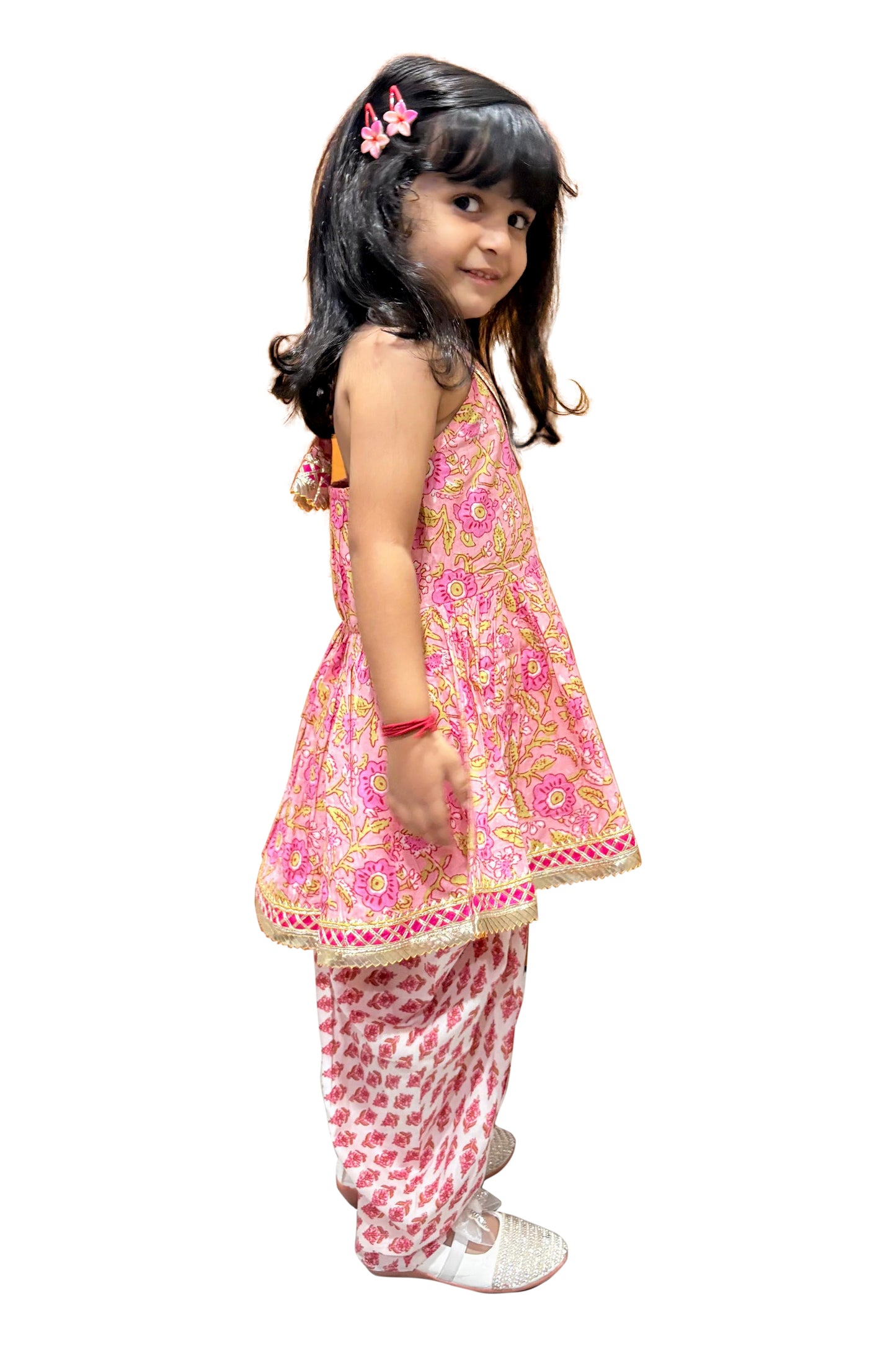 Twisha Cotton Fullsleeves All Over Printed Kurta with Dhoti - Peach & White