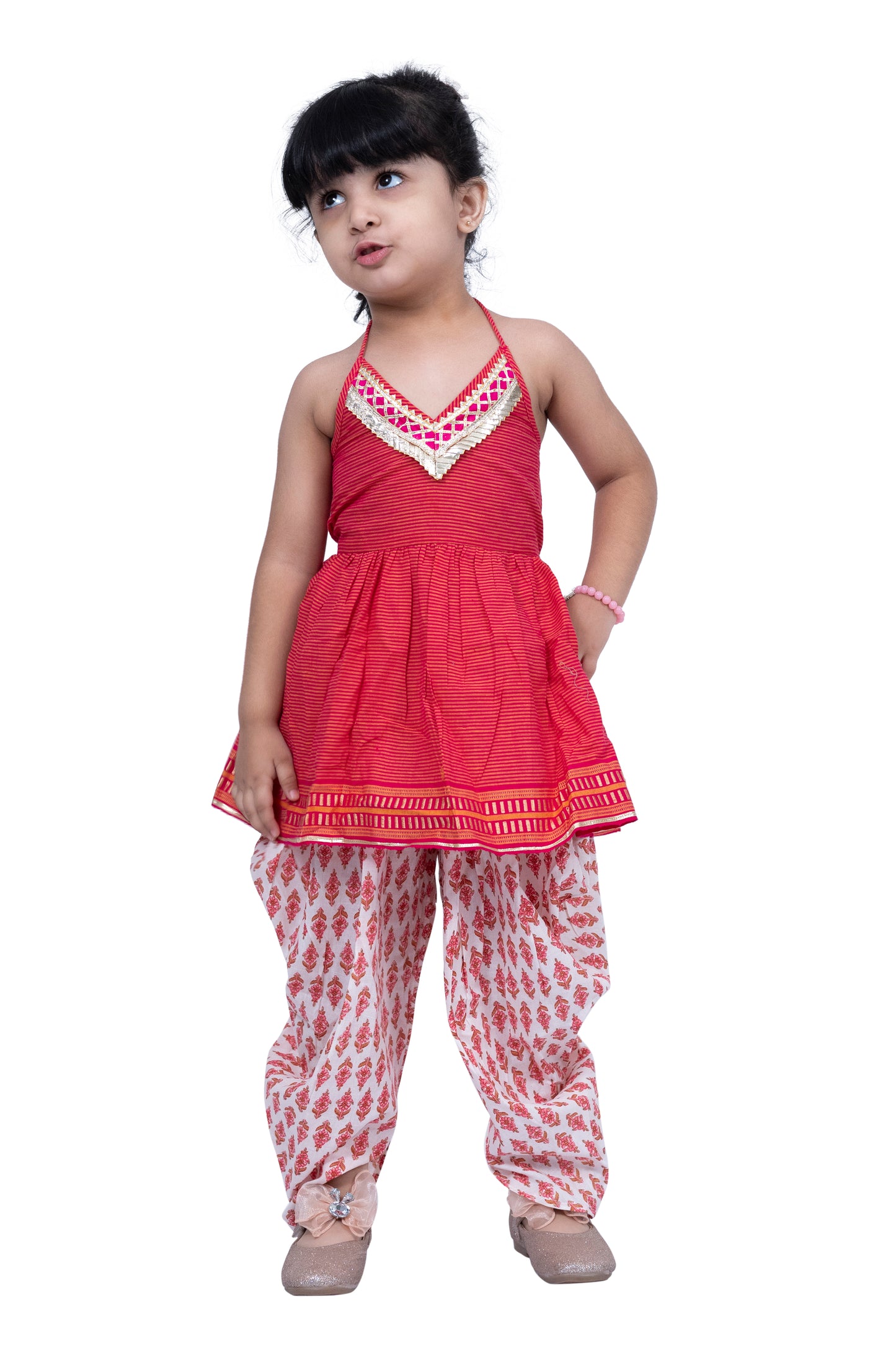 Twisha Cotton Sleeveless Stripe Design Top with Dhoti - Pink & White