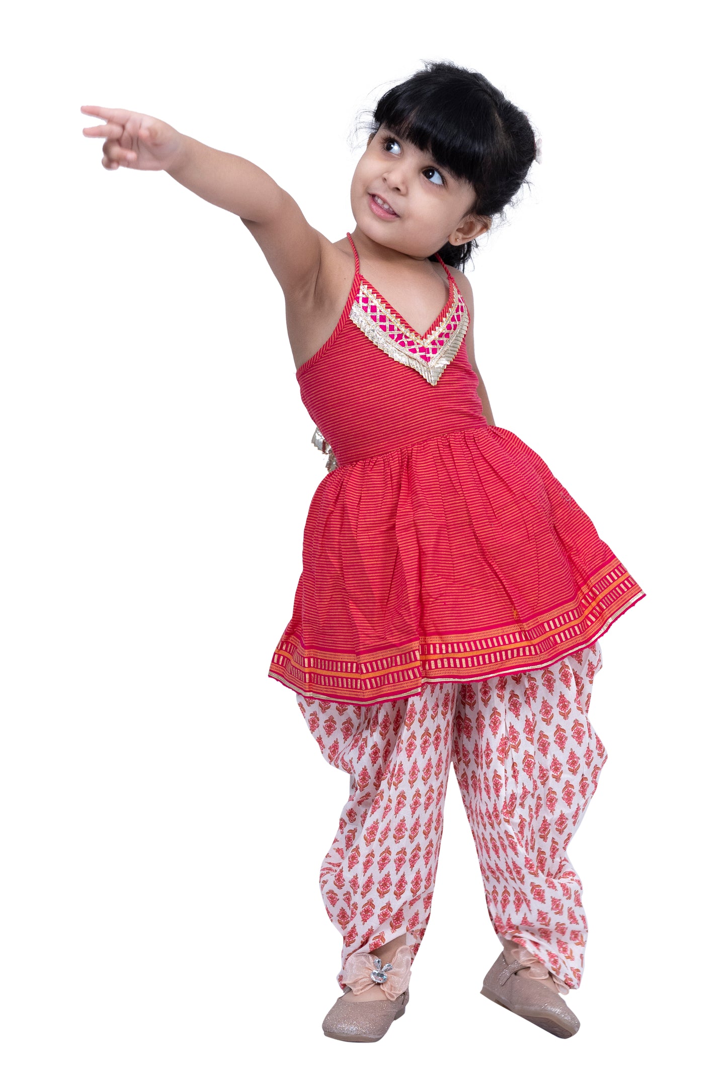 Twisha Cotton Sleeveless Stripe Design Top with Dhoti - Pink & White