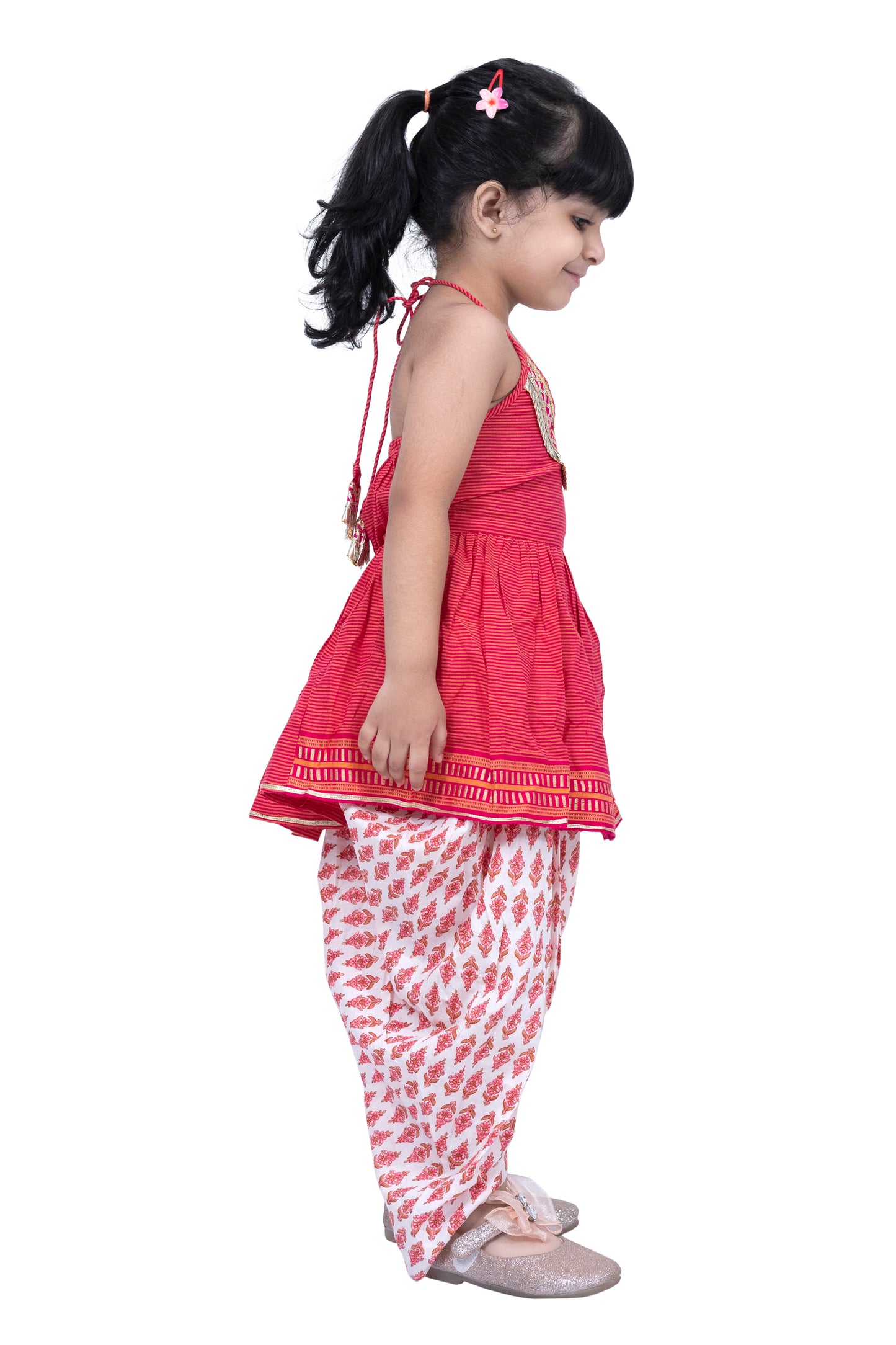 Twisha Cotton Sleeveless Stripe Design Top with Dhoti - Pink & White