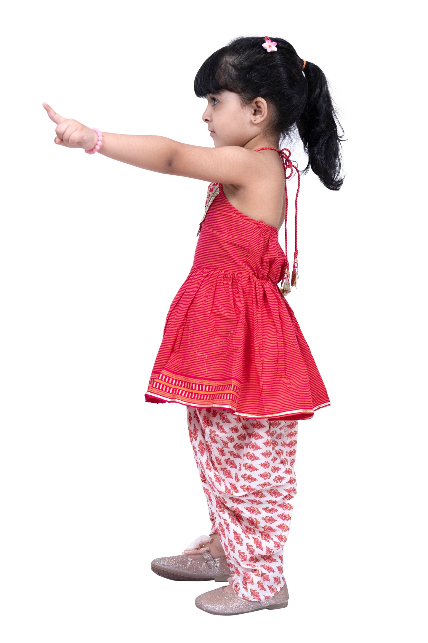 Twisha Cotton Sleeveless Stripe Design Top with Dhoti - Pink & White