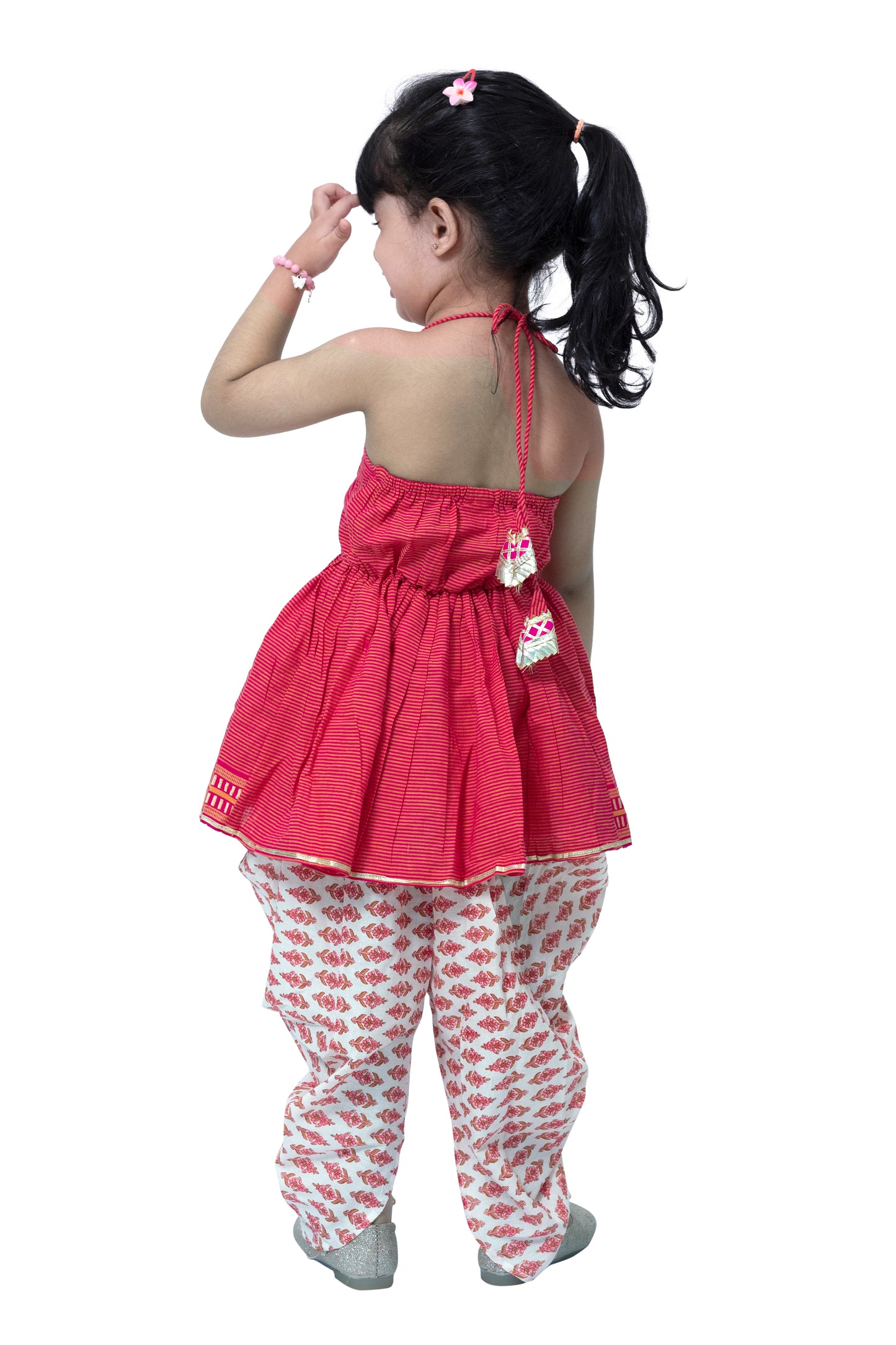 Twisha Cotton Sleeveless Stripe Design Top with Dhoti - Pink & White
