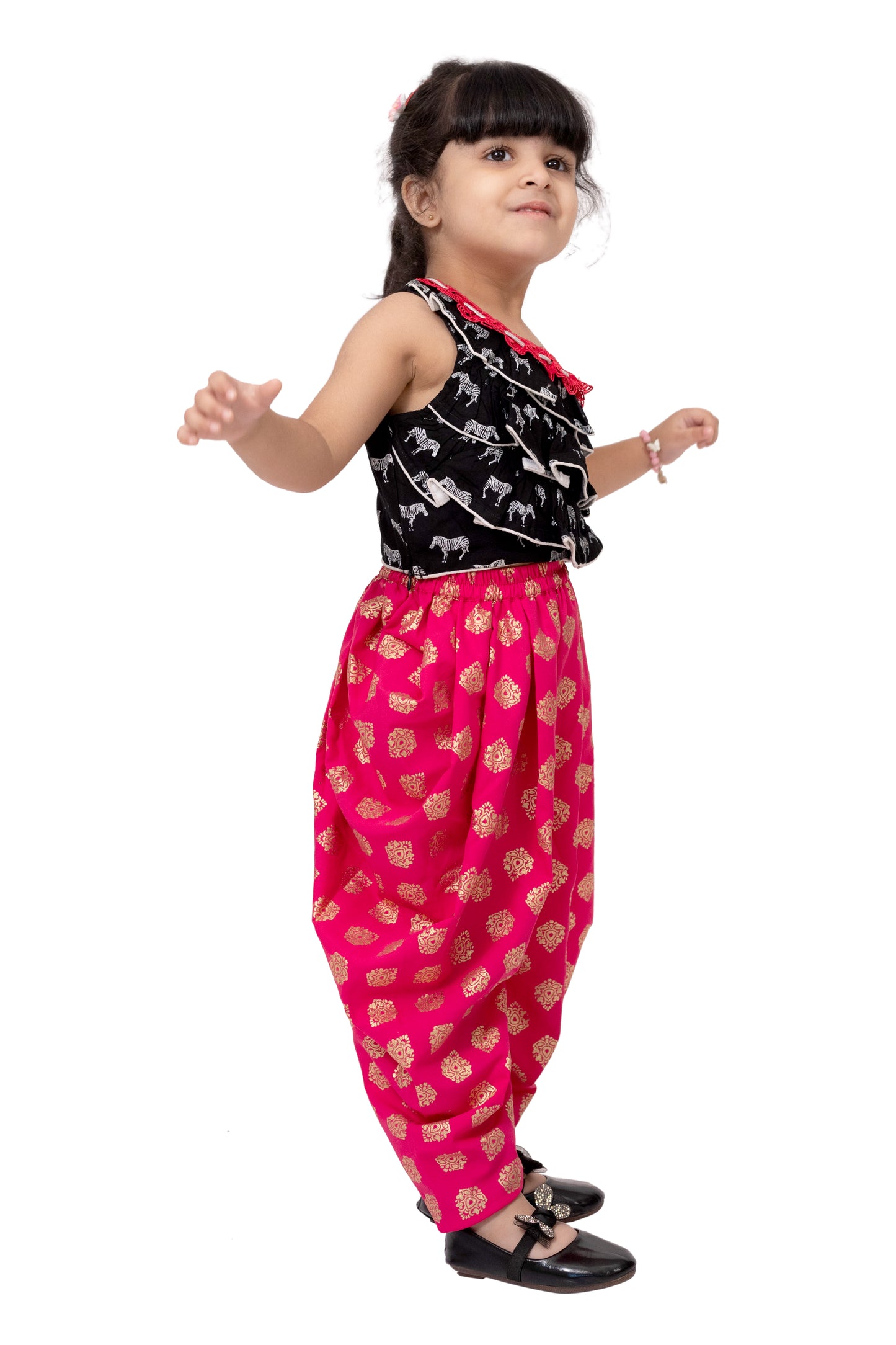 Twisha Rayon Sleeveless Zebra Printed Top with Dhoti - Black & Coral