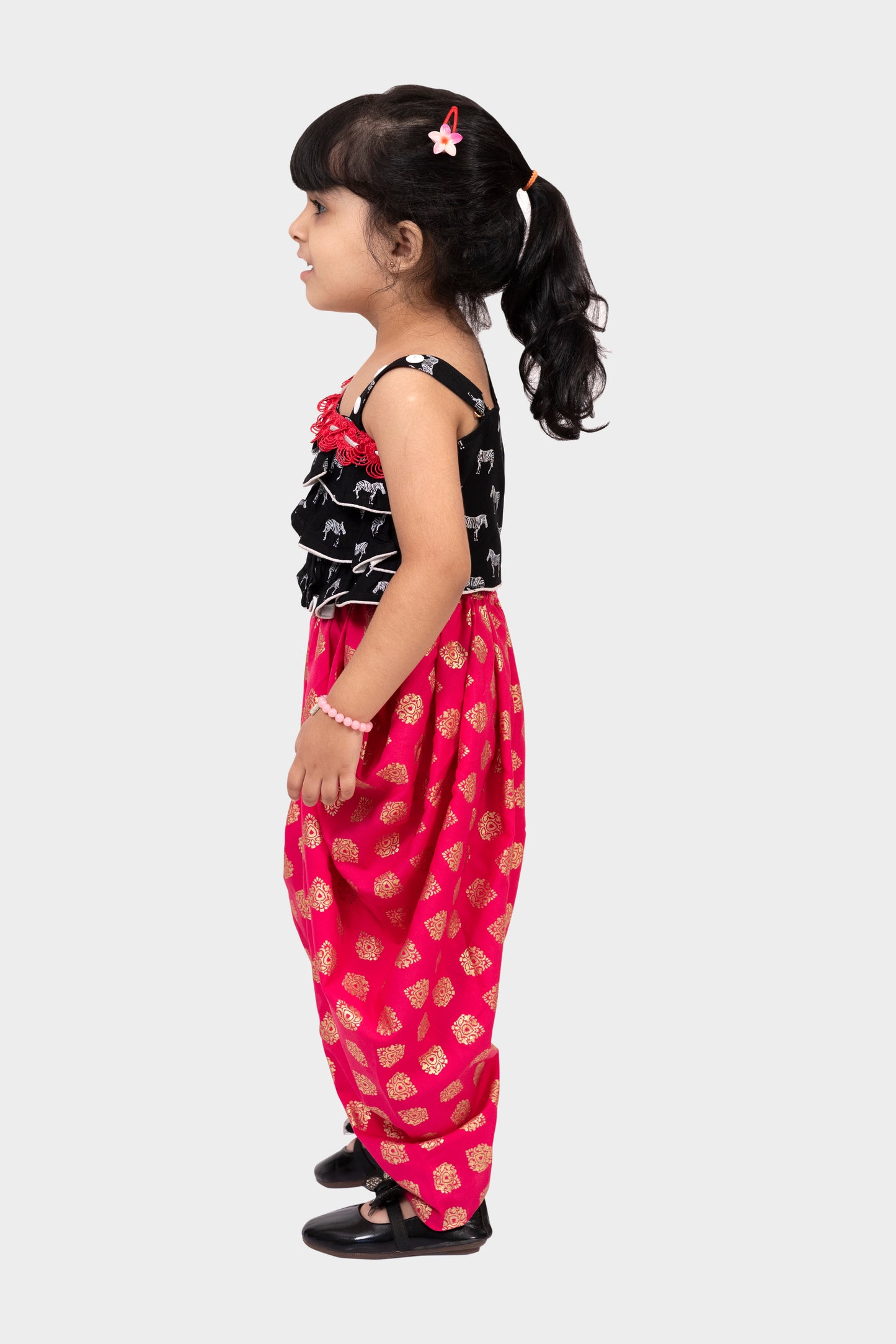 Twisha Rayon Sleeveless Zebra Printed Top with Dhoti - Black & Coral