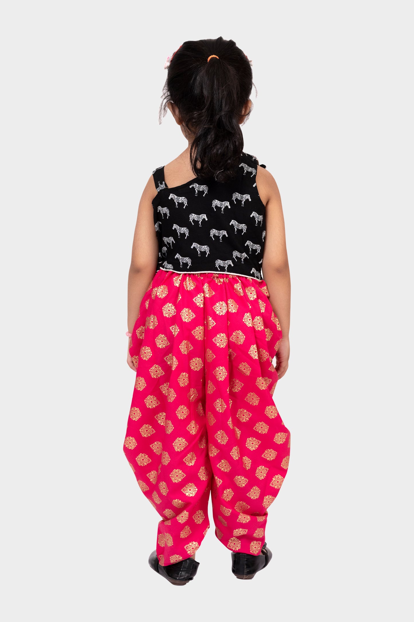 Twisha Rayon Sleeveless Zebra Printed Top with Dhoti - Black & Coral