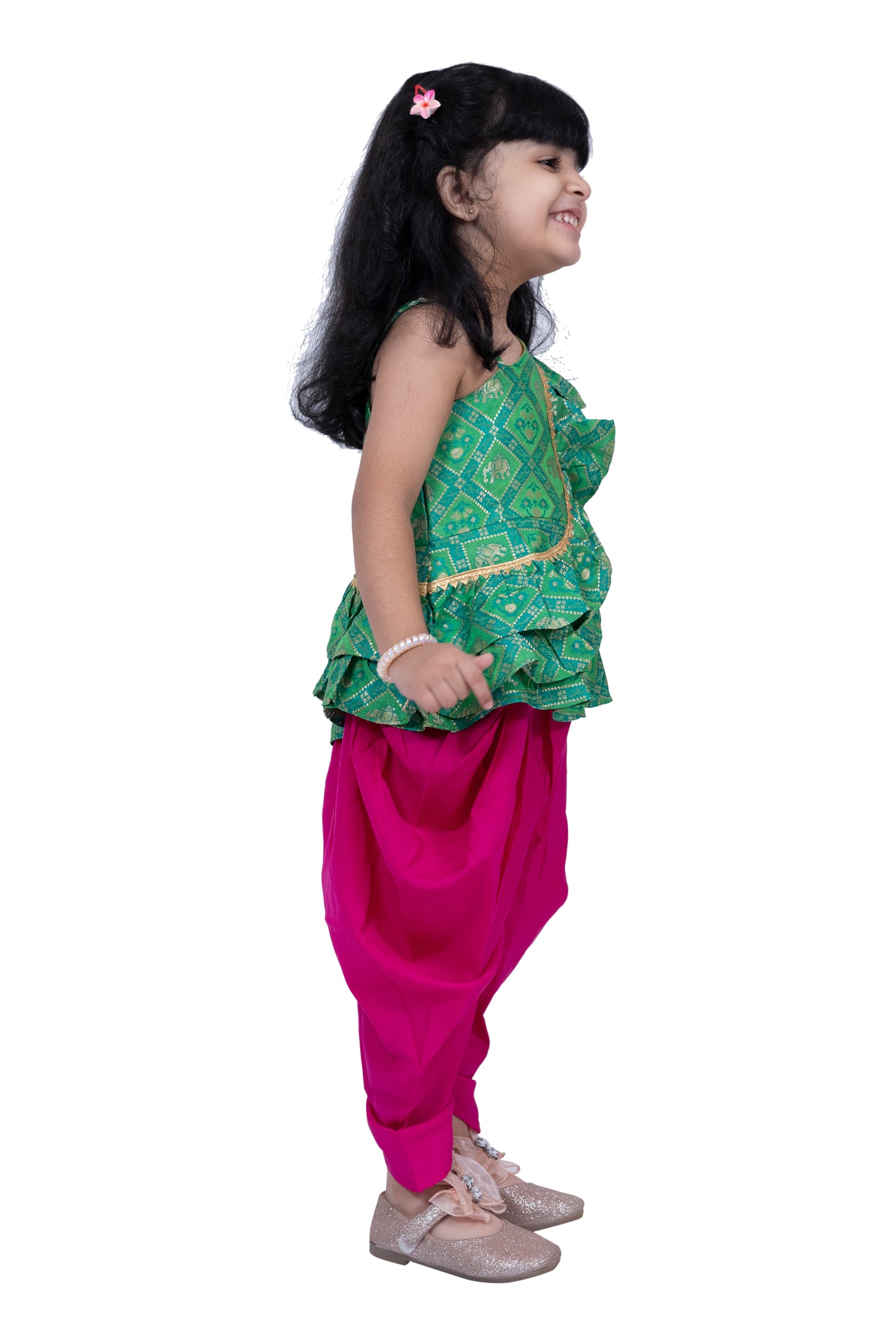 Twisha Sleeveless Embellished Top with Dhoti -Green & Pink